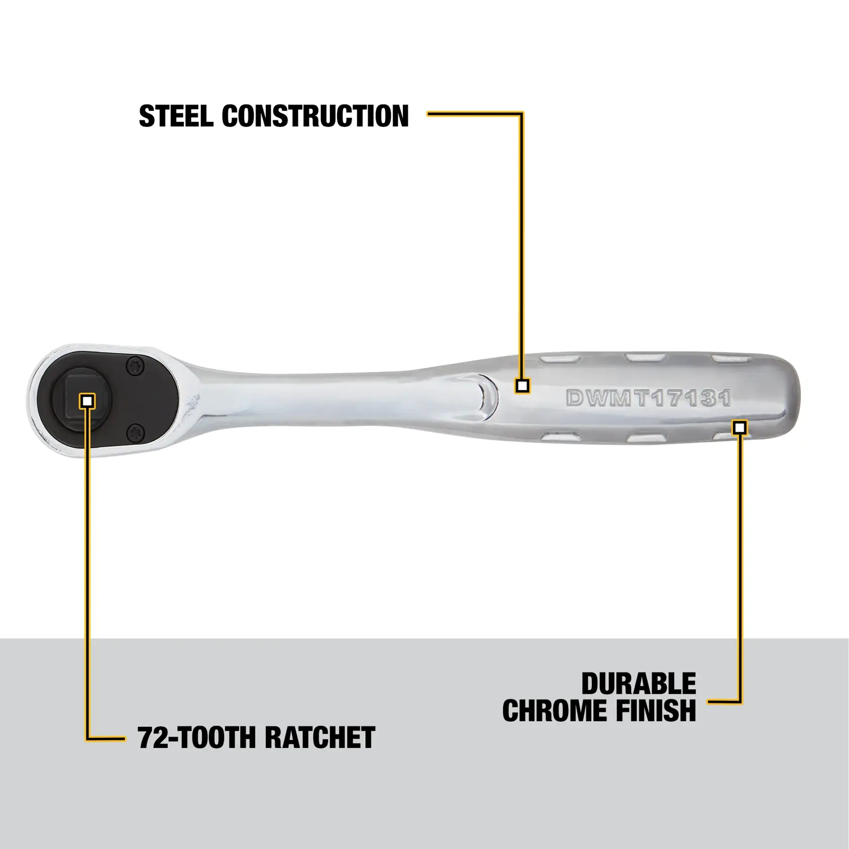 A DEWALT ratchet tool, model DWMT17131, is shown with text highlighting its steel construction, 72-tooth ratchet mechanism, and durable chrome finish.
