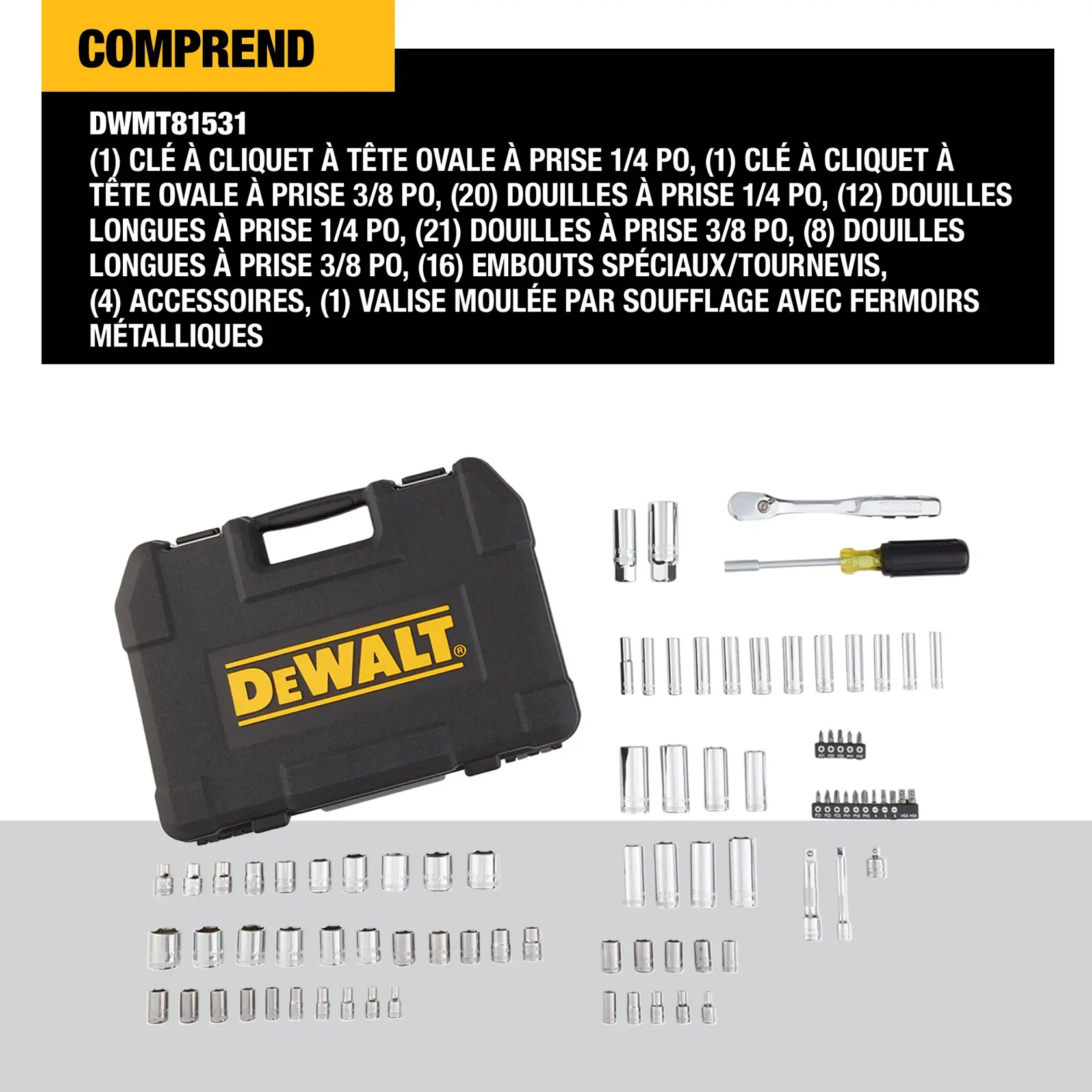 DEWALT DWMT81531 toolkit including a black blow molded case with the DEWALT logo, two ratchets, a screwdriver, specialty bits, and a variety of drive sockets and accessories arranged in front of the case.