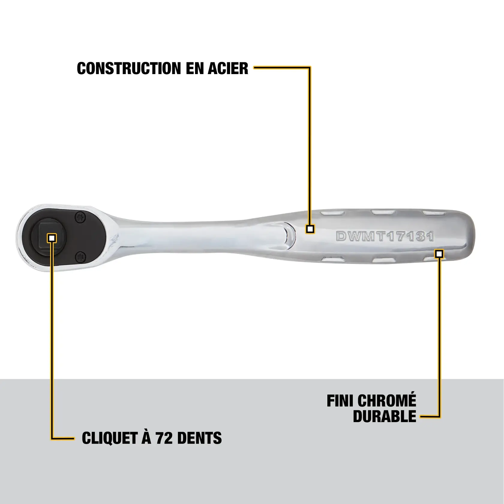 A DEWALT ratchet tool, model DWMT17131, is shown with text highlighting its steel construction, 72-tooth ratchet mechanism, and durable chrome finish.