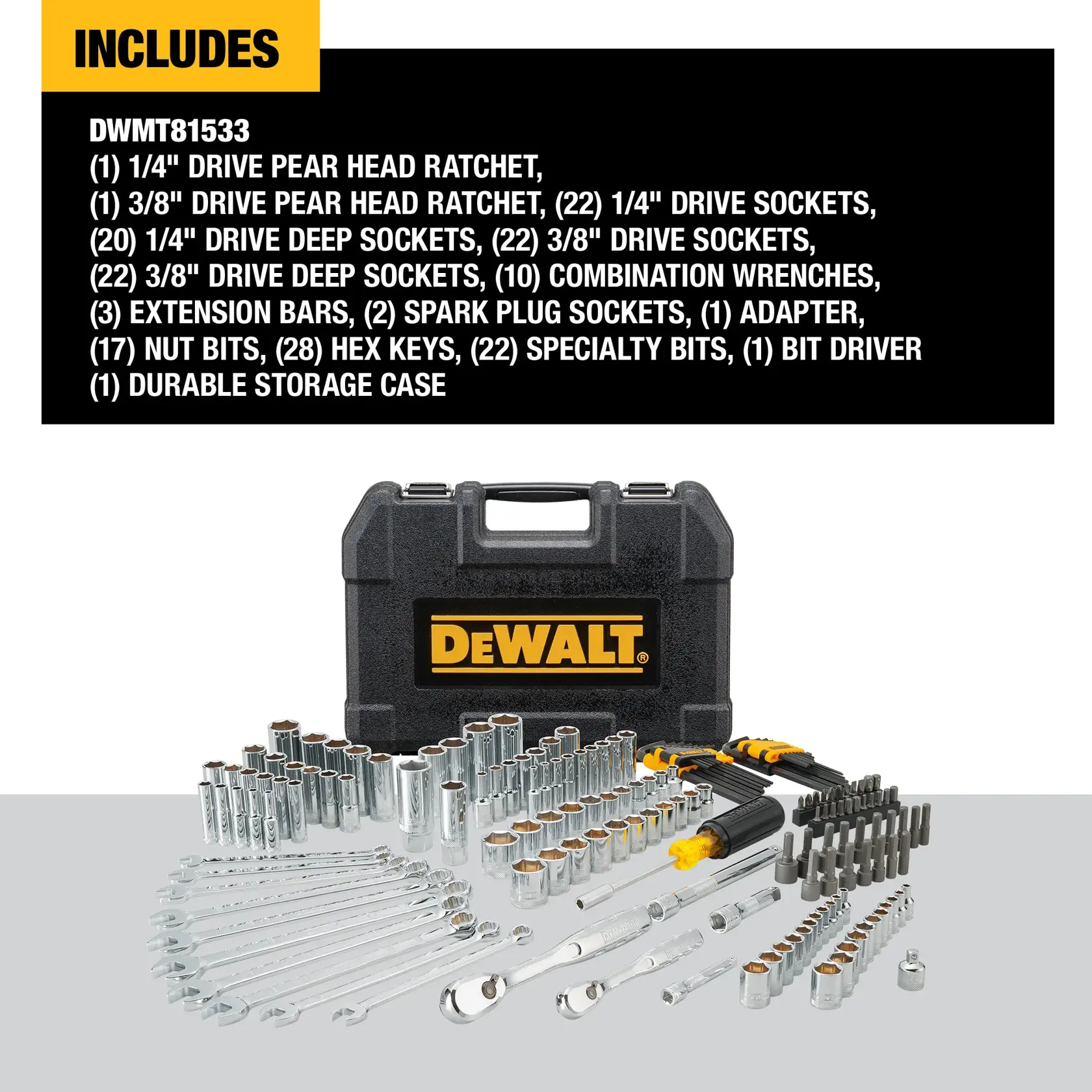 DEWALT tool set with ratchets, sockets, wrenches, bits, hex keys, extension bars, and storage case displayed.