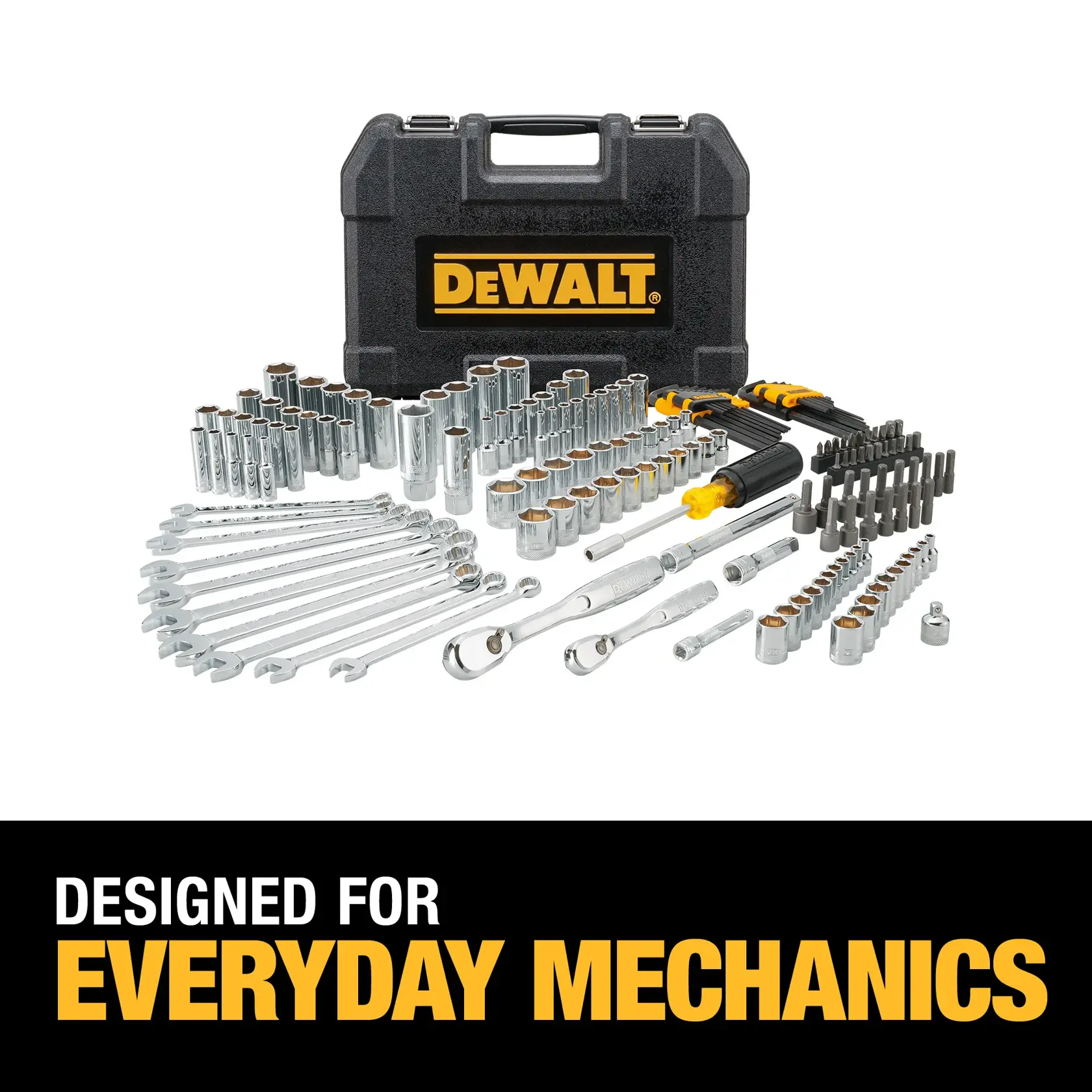 DEWALT tool set with sockets, wrenches, bits, and a black case, intended for everyday mechanics.