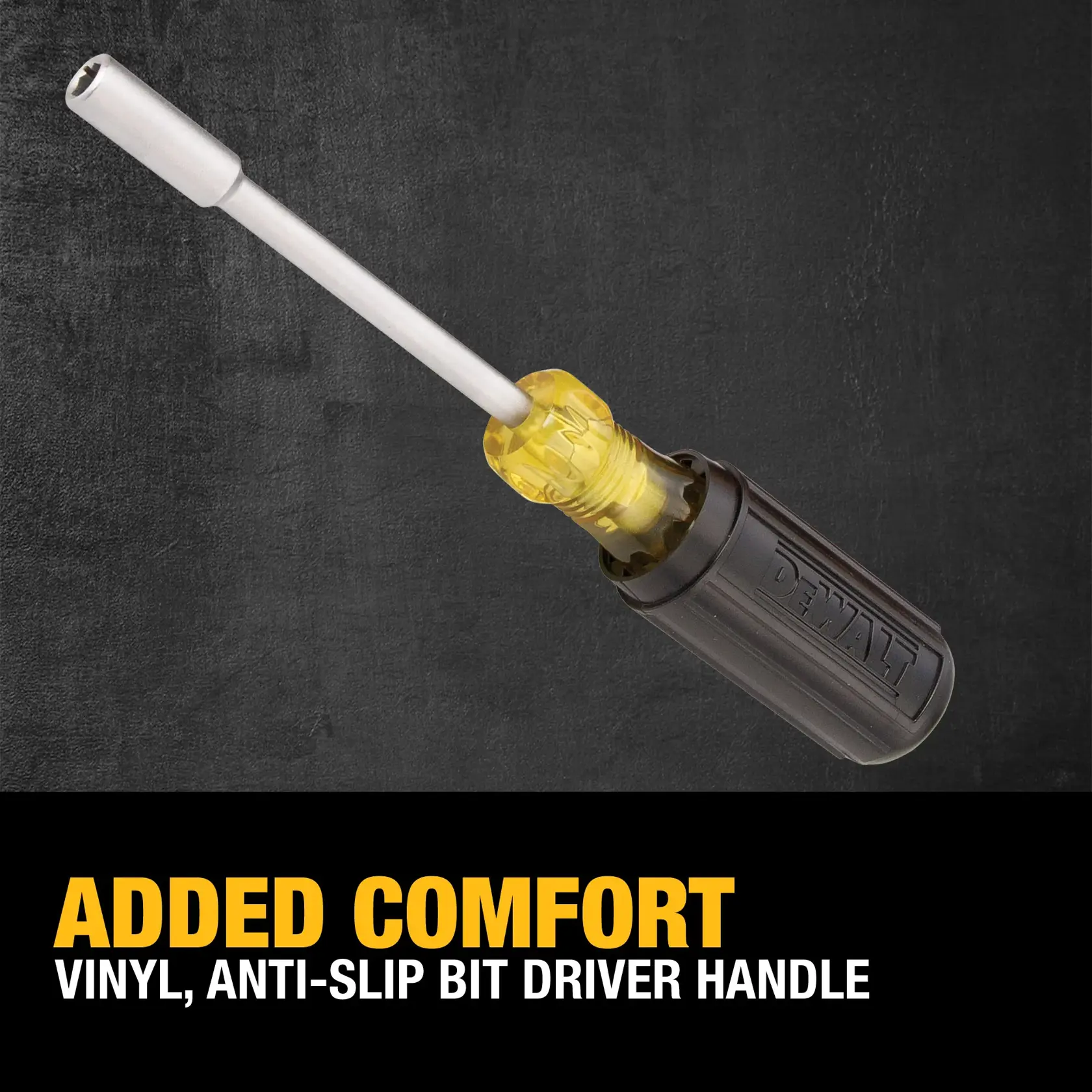 DEWALT bit driver with yellow and black vinyl anti-slip handle, shown on a dark background with product text.