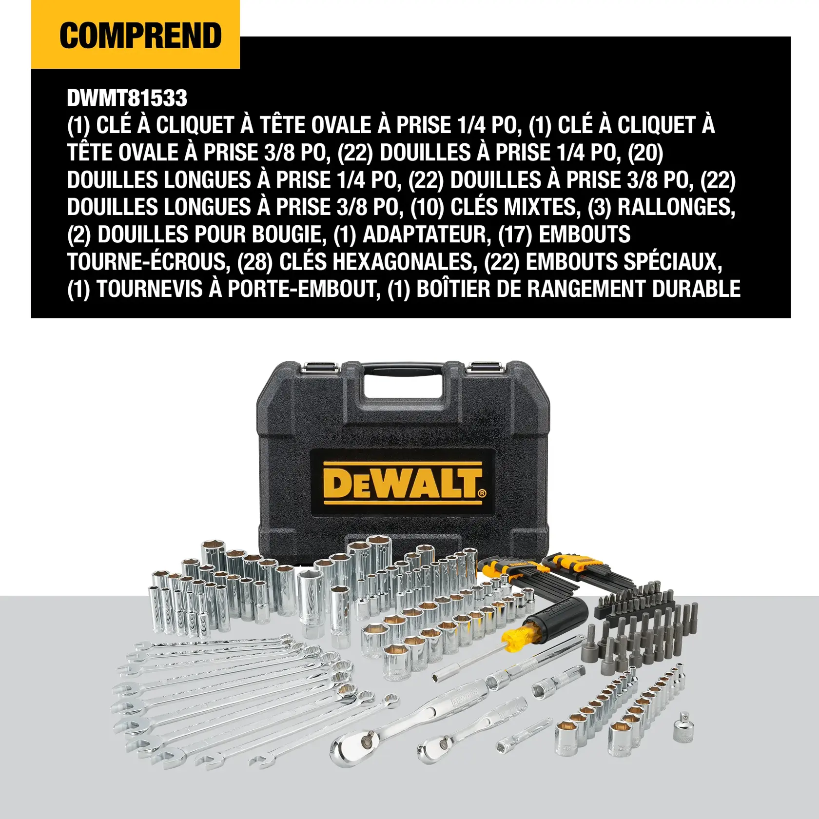 DEWALT tool set with ratchets, sockets, wrenches, bits, hex keys, extension bars, and storage case displayed.