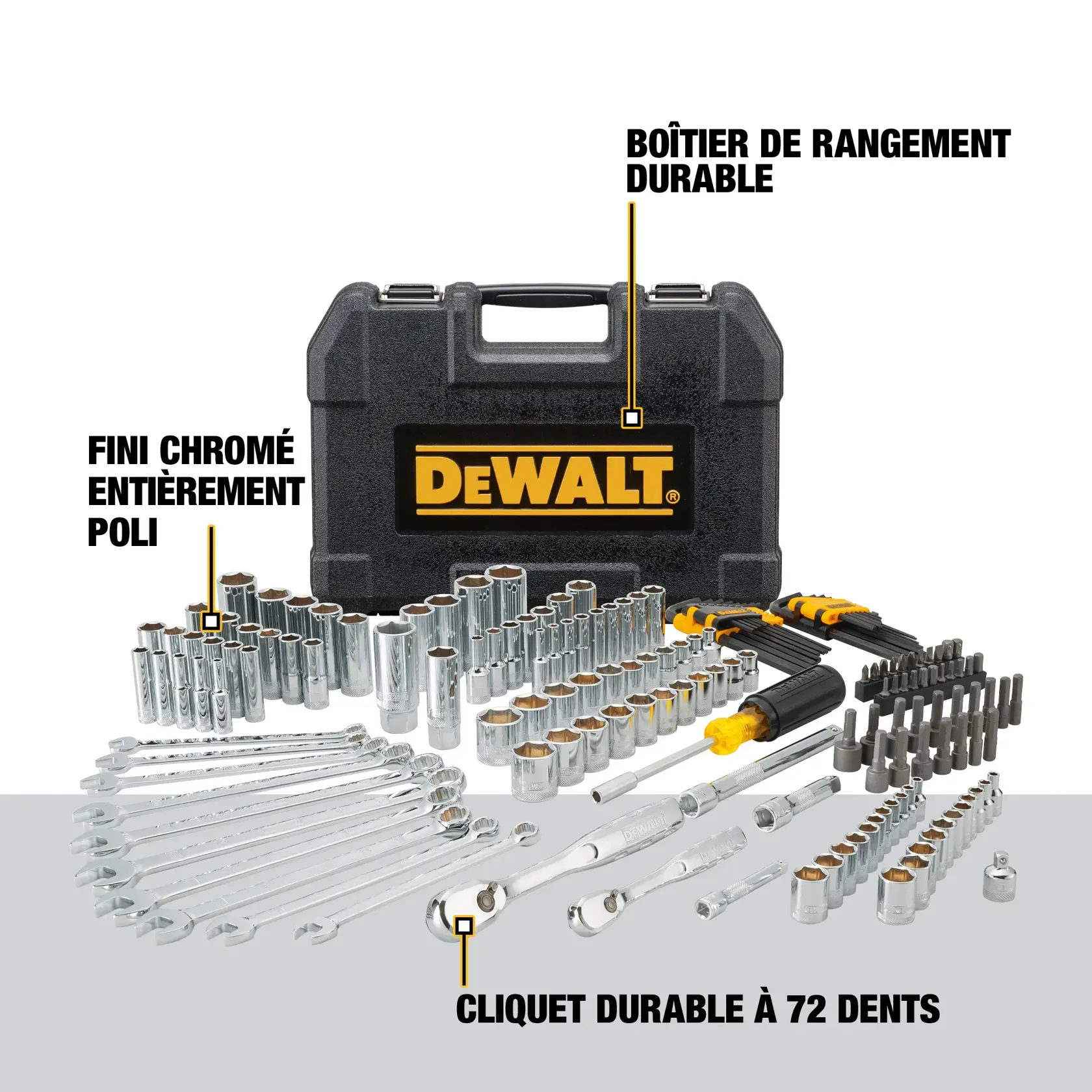 DEWALT tool set with chrome wrenches, sockets, bits, ratchets, and a black durable storage case.