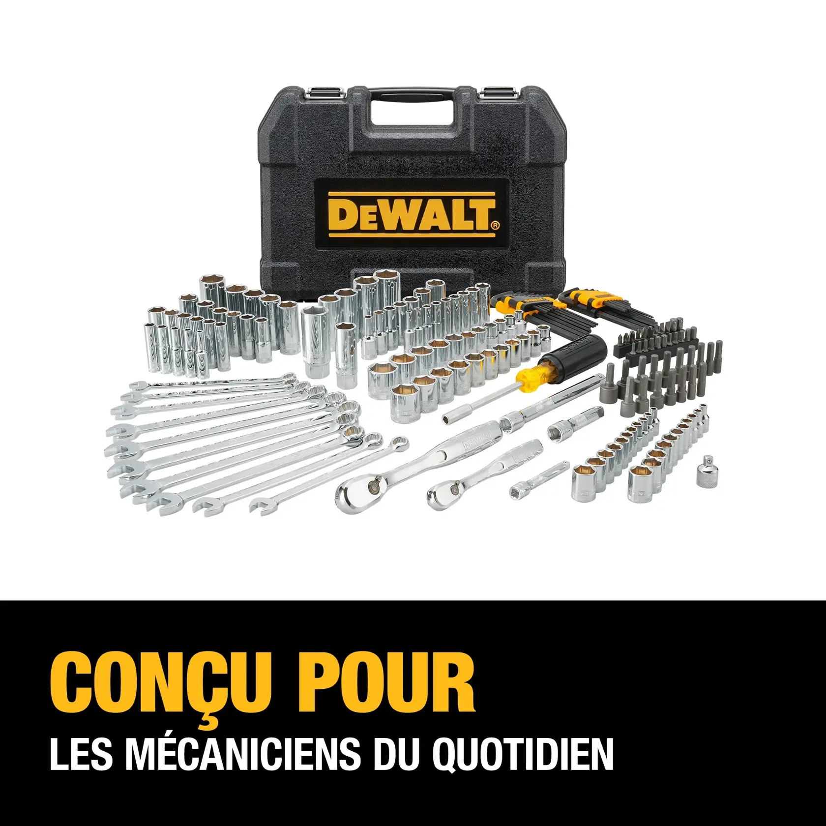 DEWALT tool set with sockets, wrenches, bits, and a black case, intended for everyday mechanics.