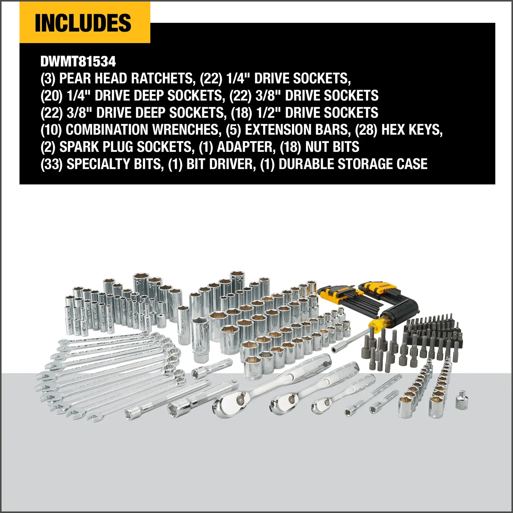 DEWALT DWMT81534 mechanics tool set displayed, showing a wide assortment including ratchets, drive sockets, deep sockets, combination wrenches, extension bars, hex keys, spark plug sockets, adapter, nut bits, specialty bits, bit driver, and a durable storage case, arranged neatly.