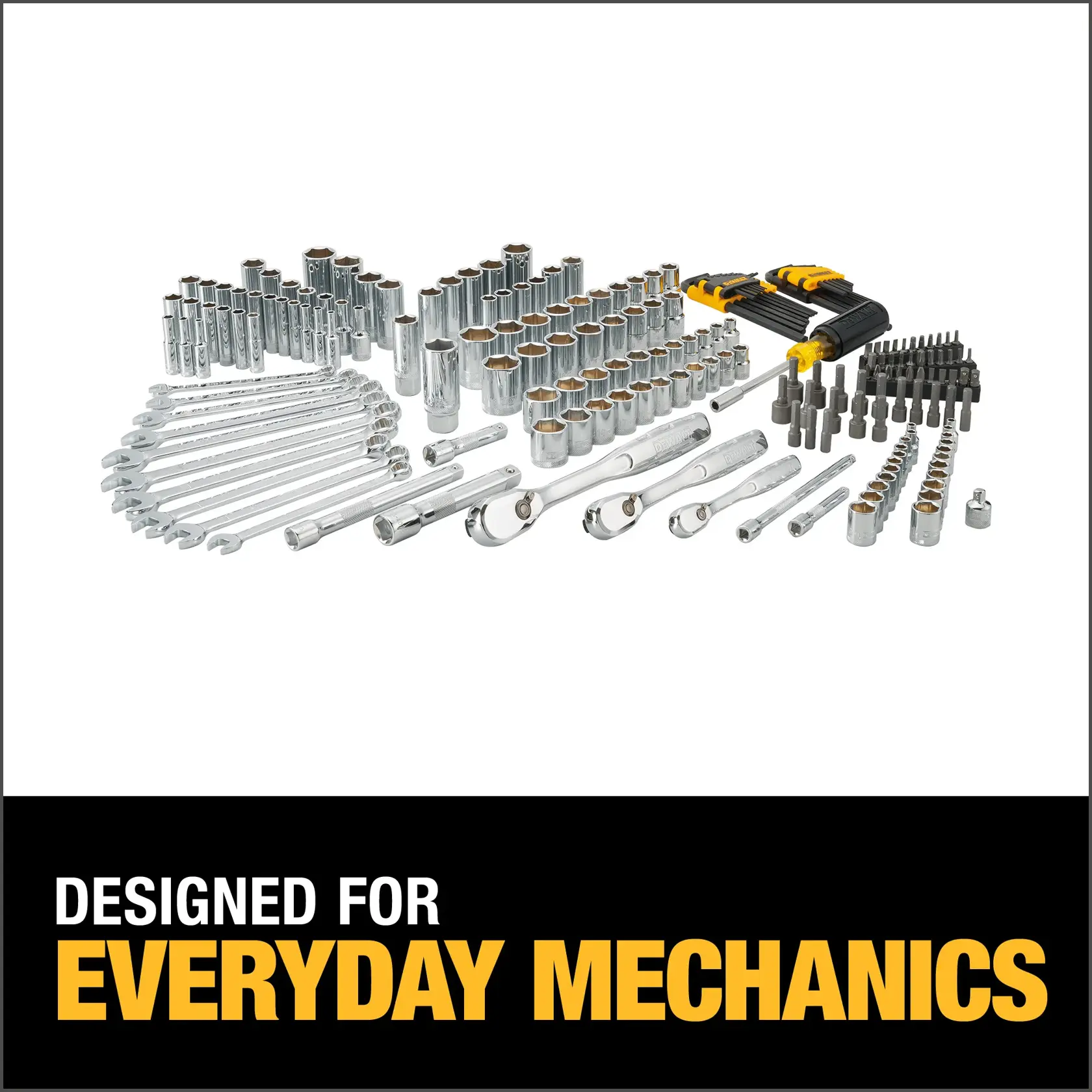 A collection of DEWALT hand tools, including wrenches, sockets, ratchets, driver bits, and extensions laid out on a white background. Below, text reads: 'DESIGNED FOR EVERYDAY MECHANICS.'