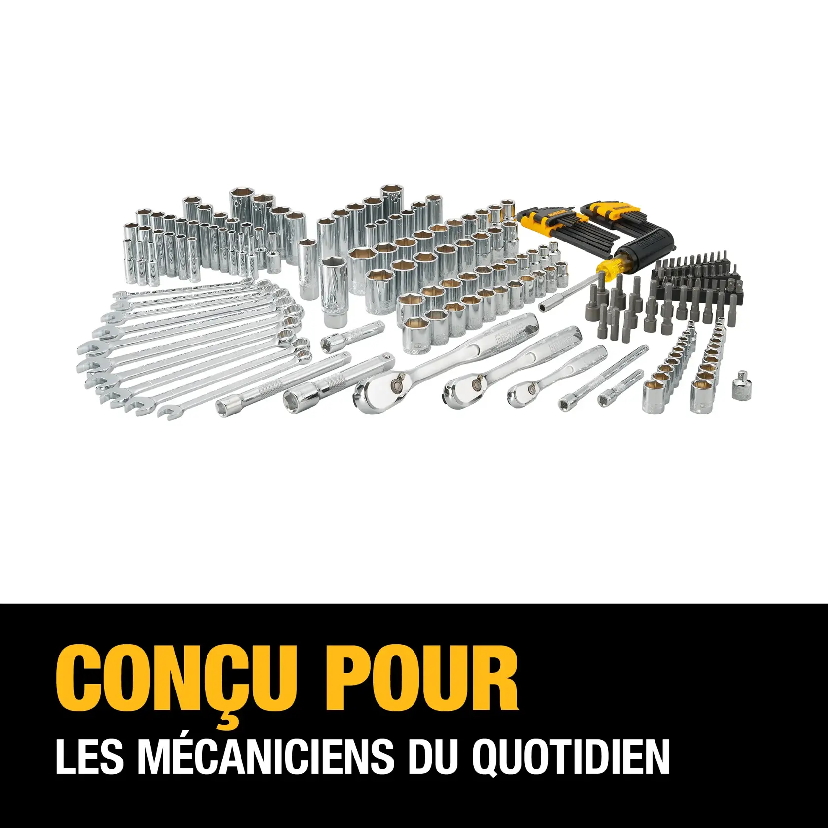 A collection of DEWALT hand tools, including wrenches, sockets, ratchets, driver bits, and extensions laid out on a white background. Below, text reads: 'DESIGNED FOR EVERYDAY MECHANICS.'