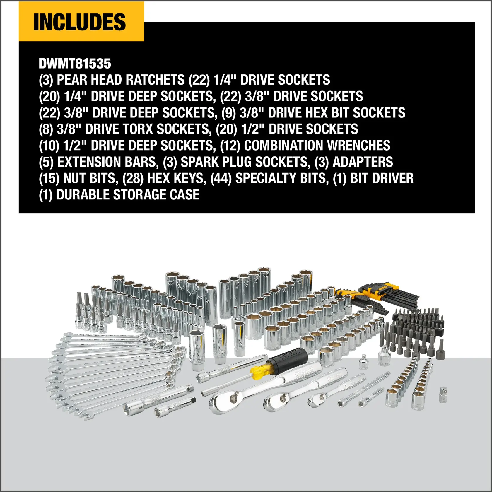 Image showing the contents of the DEWALT DWMT81535 tool set. Includes multiple ratchets, drive sockets in various sizes, deep sockets, hex bit sockets, Torx sockets, combination wrenches, extension bars, spark plug sockets, adapters, nut bits, hex keys, specialty bits, a bit driver, and a durable storage case. The tools are arranged in rows on a grey surface.
