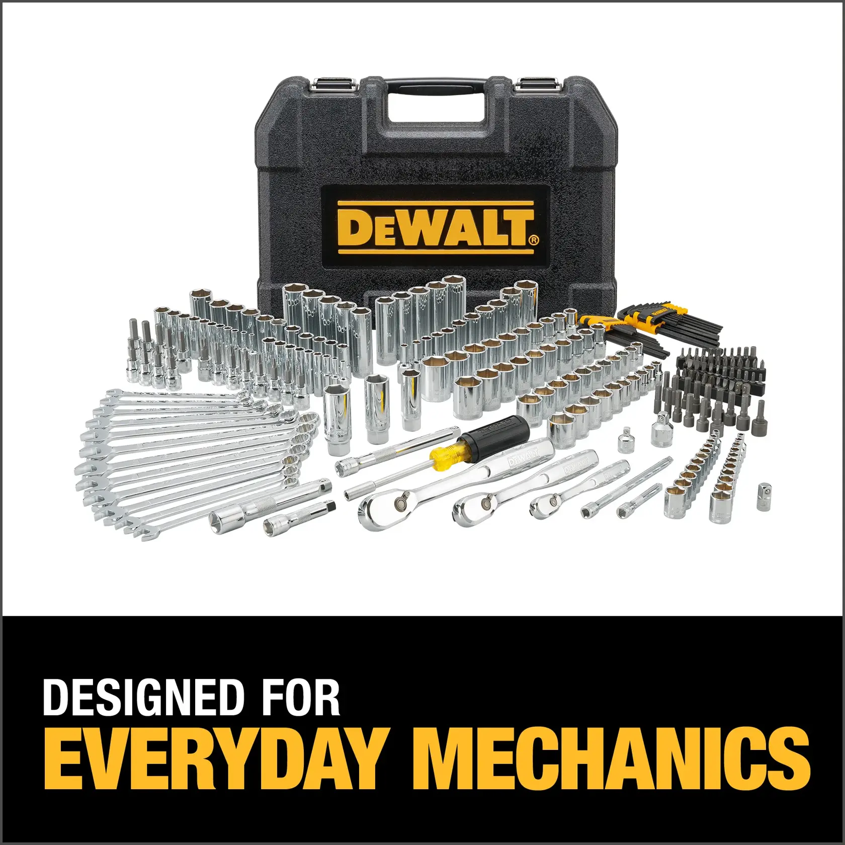 A DEWALT branded black tool case with an extensive set of mechanical tools arranged in front, including sockets, wrenches, hex keys, and bits. Text at the bottom reads: 'Designed for everyday mechanics.'