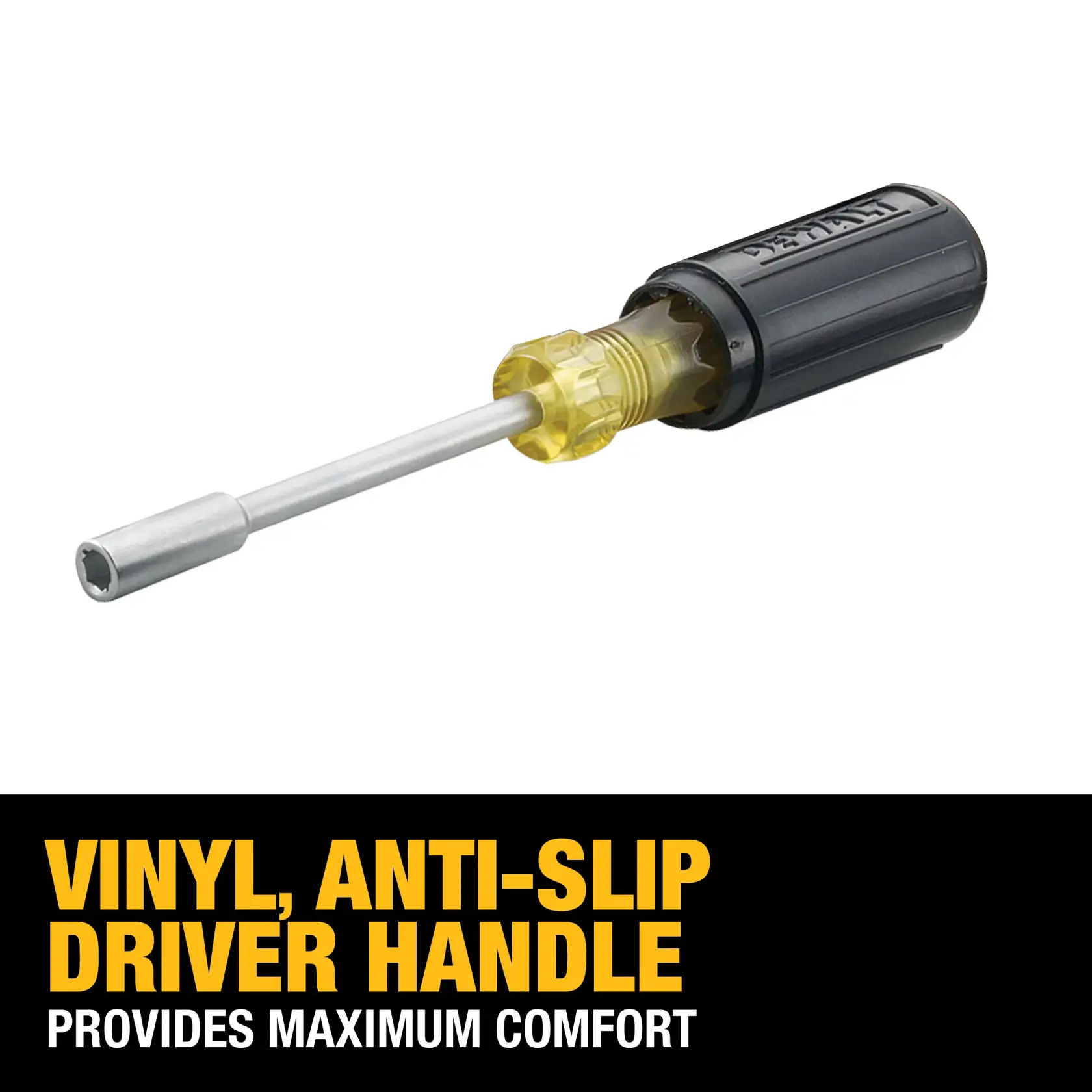 DEWALT hand tool with a vinyl, anti-slip driver handle and metal shaft. The handle is black with yellow accents, designed to provide maximum comfort. Promotional text below highlights the anti-slip feature.