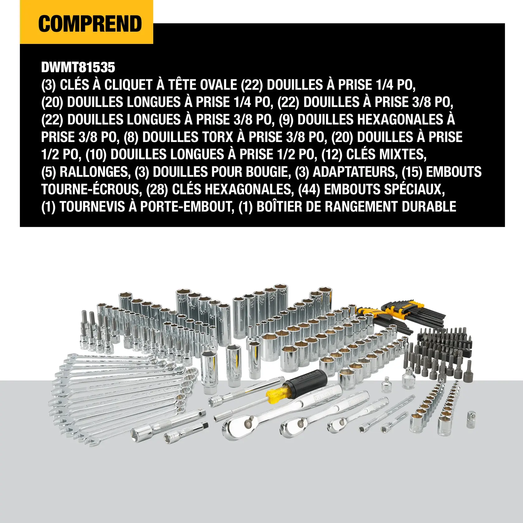 Image showing the contents of the DEWALT DWMT81535 tool set. Includes multiple ratchets, drive sockets in various sizes, deep sockets, hex bit sockets, Torx sockets, combination wrenches, extension bars, spark plug sockets, adapters, nut bits, hex keys, specialty bits, a bit driver, and a durable storage case. The tools are arranged in rows on a grey surface.