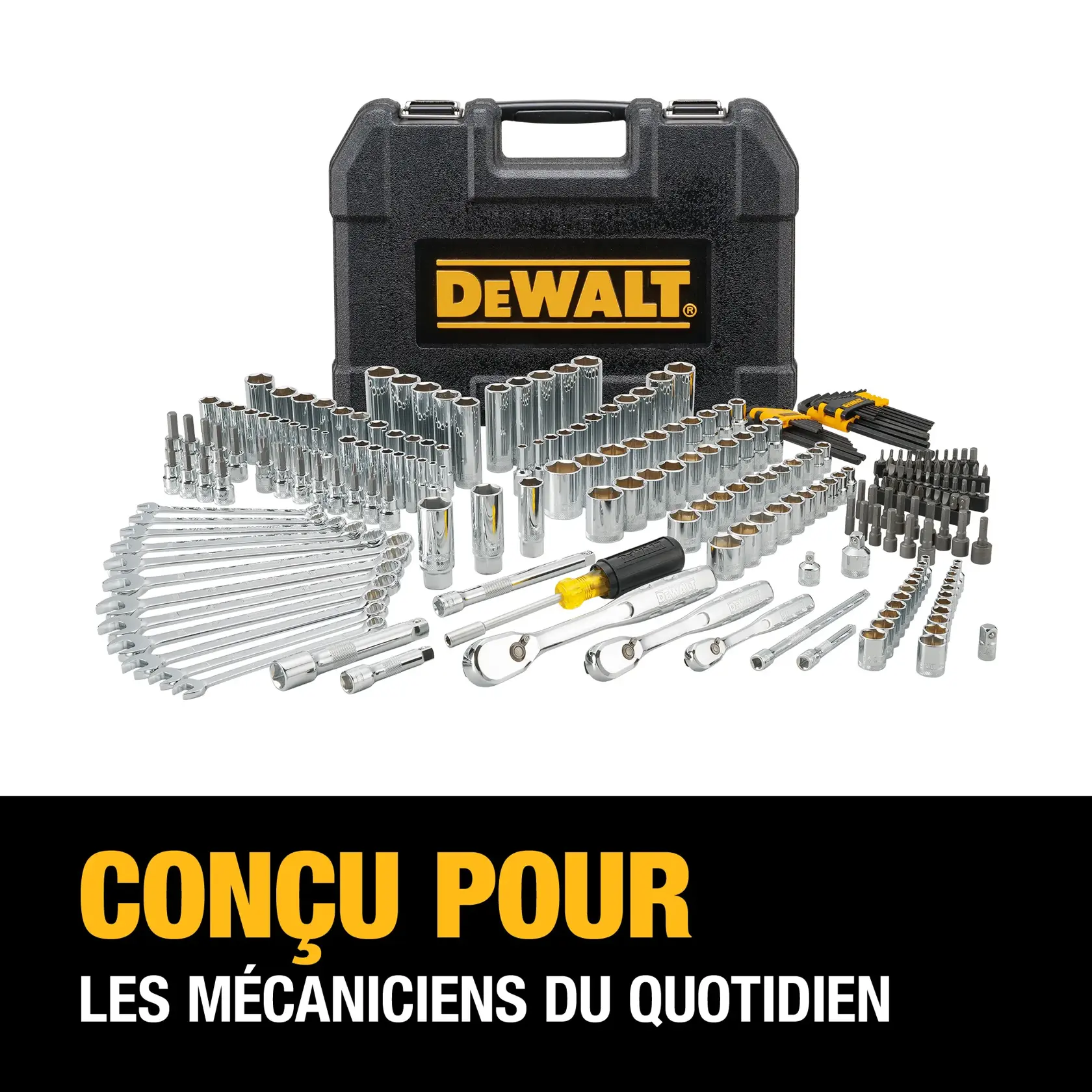 A DEWALT branded black tool case with an extensive set of mechanical tools arranged in front, including sockets, wrenches, hex keys, and bits. Text at the bottom reads: 'Designed for everyday mechanics.'