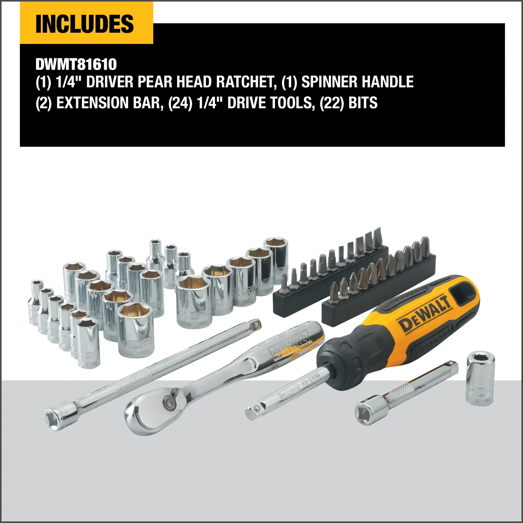 DEWALT DWMT81610 tool set includes a 1/4" driver pear head ratchet, a spinner handle, two extension bars, twenty-four 1/4" drive tools, and twenty-two bits, all displayed with chrome sockets and an assortment of screwdriver bits.