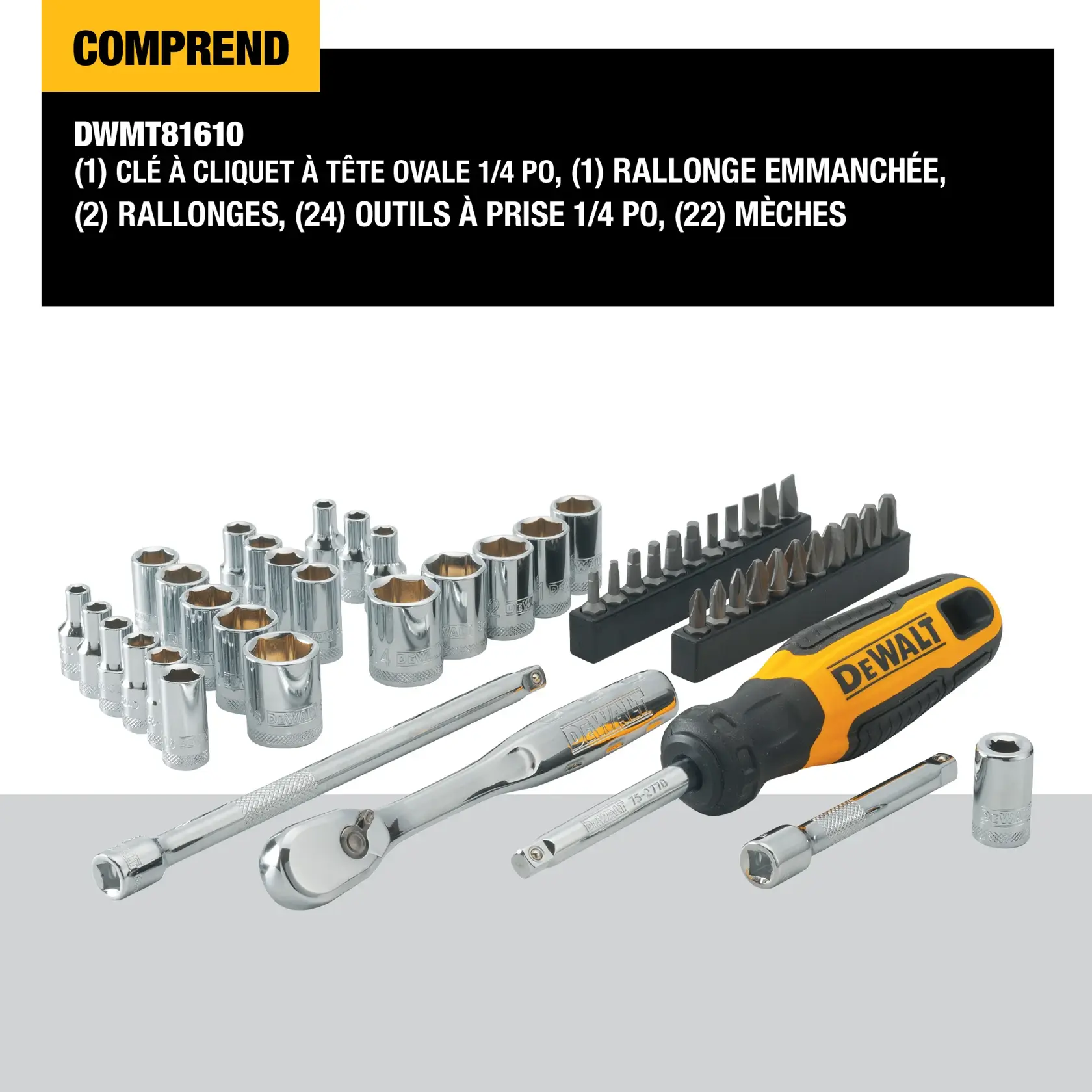 DEWALT DWMT81610 tool set includes a 1/4" driver pear head ratchet, a spinner handle, two extension bars, twenty-four 1/4" drive tools, and twenty-two bits, all displayed with chrome sockets and an assortment of screwdriver bits.