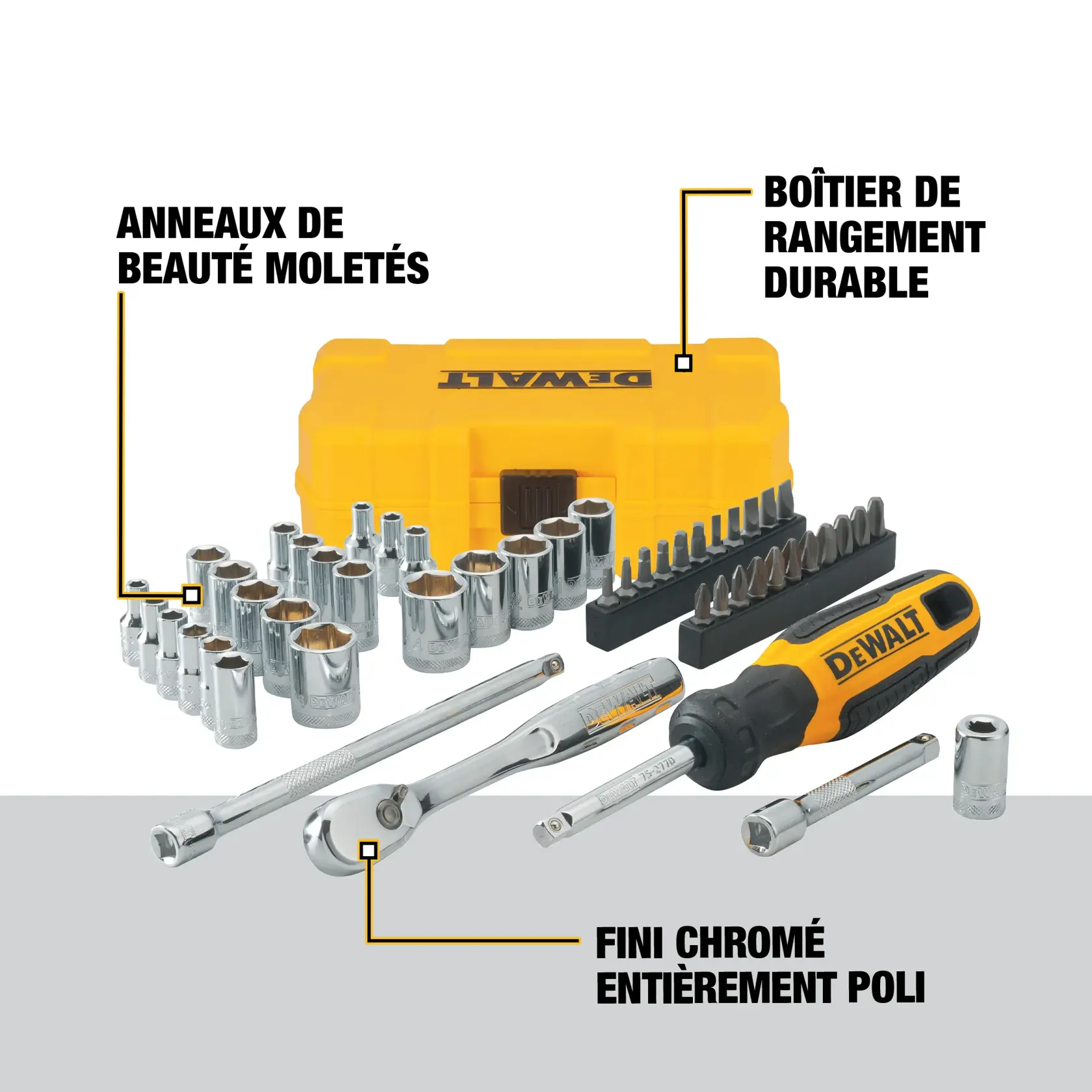 A DEWALT tool set including sockets, bits, ratchet, extension bar, and screwdriver handle, displayed in front of a yellow durable carrying case. Features highlighted include knurled beauty rings, full polish chrome finish, and durable case.