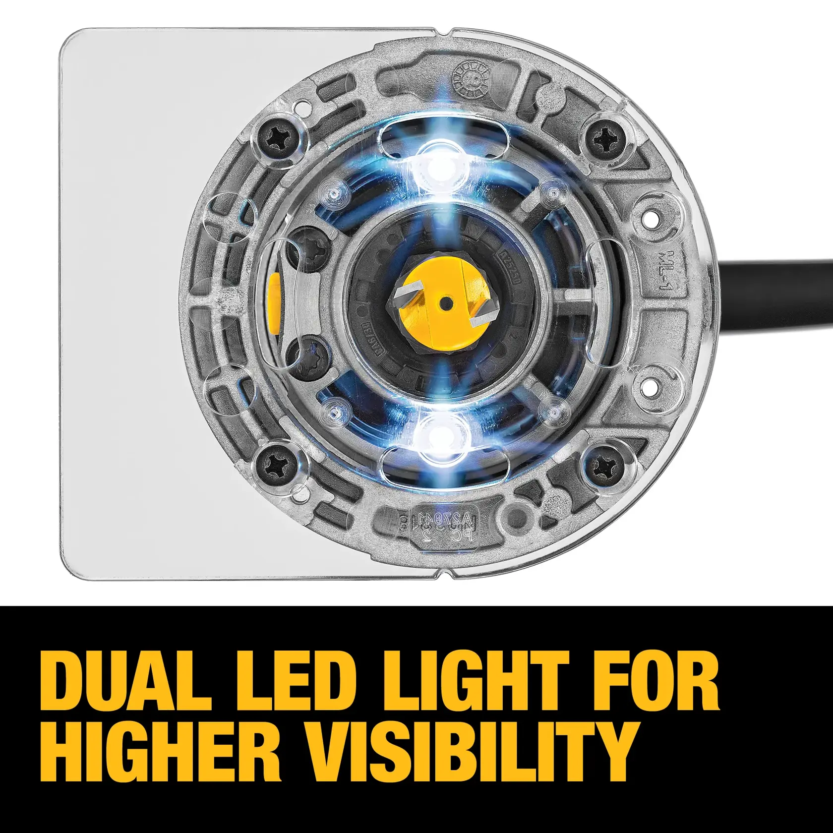 Close-up image of the base of a DEWALT power tool showing dual LED lights for higher visibility. The tool is shown from below, with bright lights highlighting the working area. Text below reads: 'DUAL LED LIGHT FOR HIGHER VISIBILITY'.