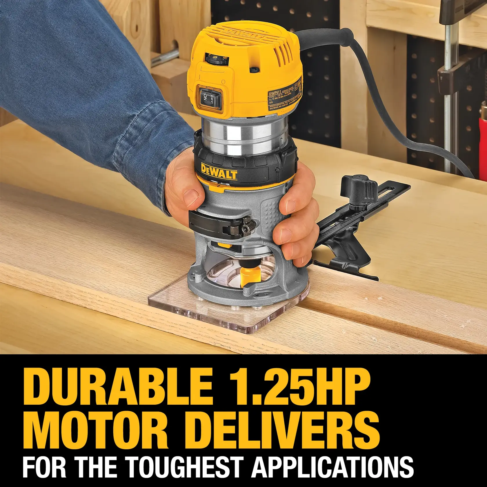 A person uses a DEWALT DWP611 compact router with a durable 1.25 HP motor on a wooden plank. The product is highlighted for its power suitable for tough applications.