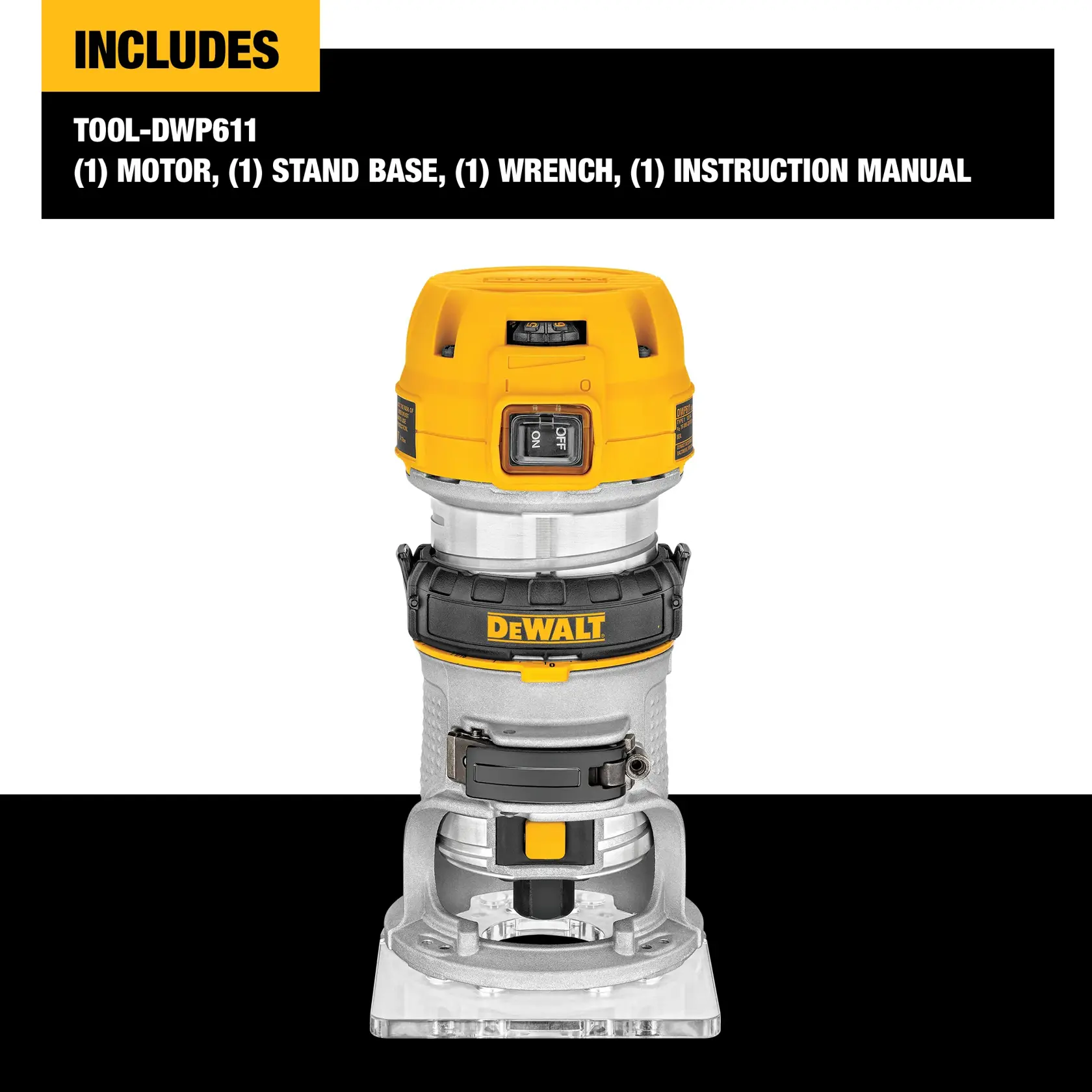 DEWALT DWP611 compact router tool with a yellow and silver body, shown with stand base. Includes: motor, stand base, wrench, and instruction manual.