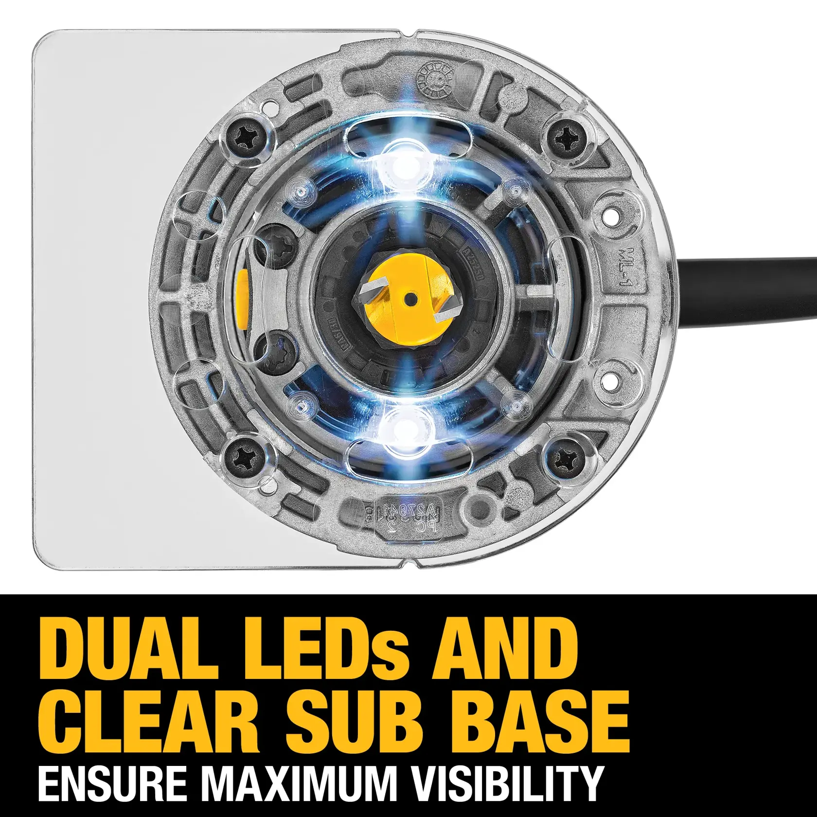 Close-up image of the DEWALT DWP611 router base showing dual LED lights and a clear sub base for maximum visibility, with product features highlighted in text.
