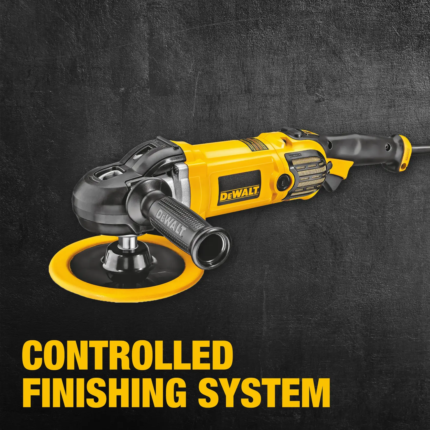 A DEWALT DWP849X variable speed polisher with a yellow and black design, featuring a side handle, positioned on a dark textured surface with the text 'Controlled Finishing System' in bold yellow letters.