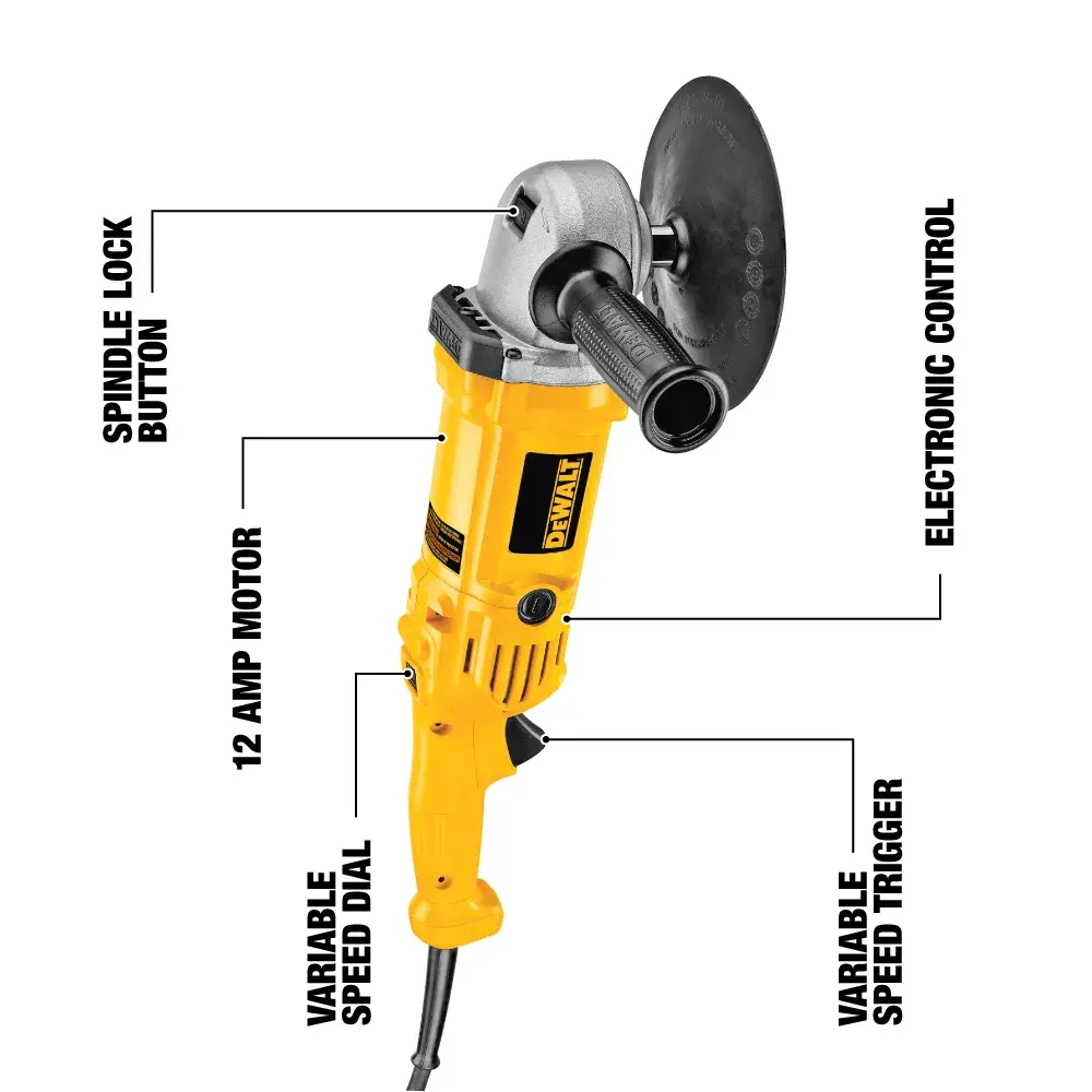 A yellow DEWALT DWP849 power tool polisher with labeled features including spindle lock button, 12 amp motor, variable speed dial, variable speed trigger, and electronic control.