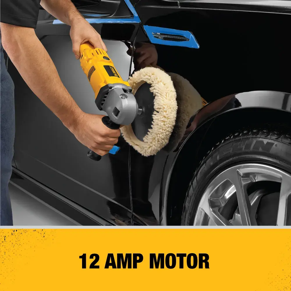 A person is using a yellow DEWALT DWP849 polisher with a wool pad on a black car, with the text '12 AMP MOTOR' displayed below.