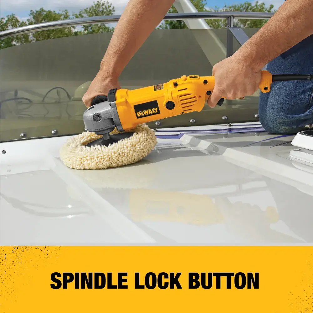 A person uses a DEWALT DWP849 yellow power polisher with a wool pad to polish a white surface, with the text 'Spindle Lock Button' displayed below the image.