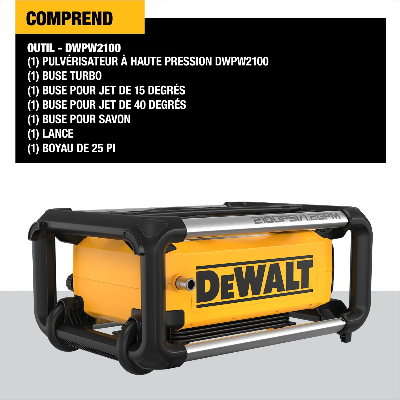 Image showing a DEWALT DWPW2100 pressure washer, with a list of included items: DWPW2100 pressure washer, turbo nozzle, 15° nozzle, 40° nozzle, soap nozzle, wand, and 25 ft. hose. The pressure washer has a yellow body with black and silver frame and the DEWALT logo.
