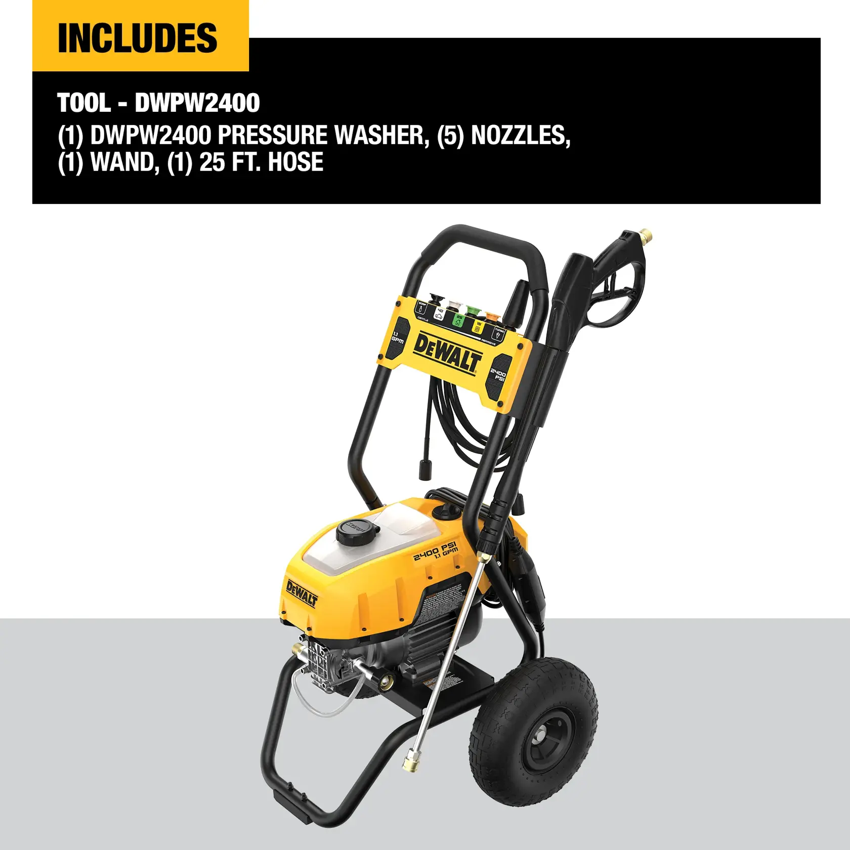 A DEWALT DWPW2400 pressure washer is shown with a yellow and black frame, two large wheels, a handle, a wand, five color-coded nozzles, and a 25-foot hose. The image includes a list of included items: pressure washer, five nozzles, one wand, and one 25 ft. hose.