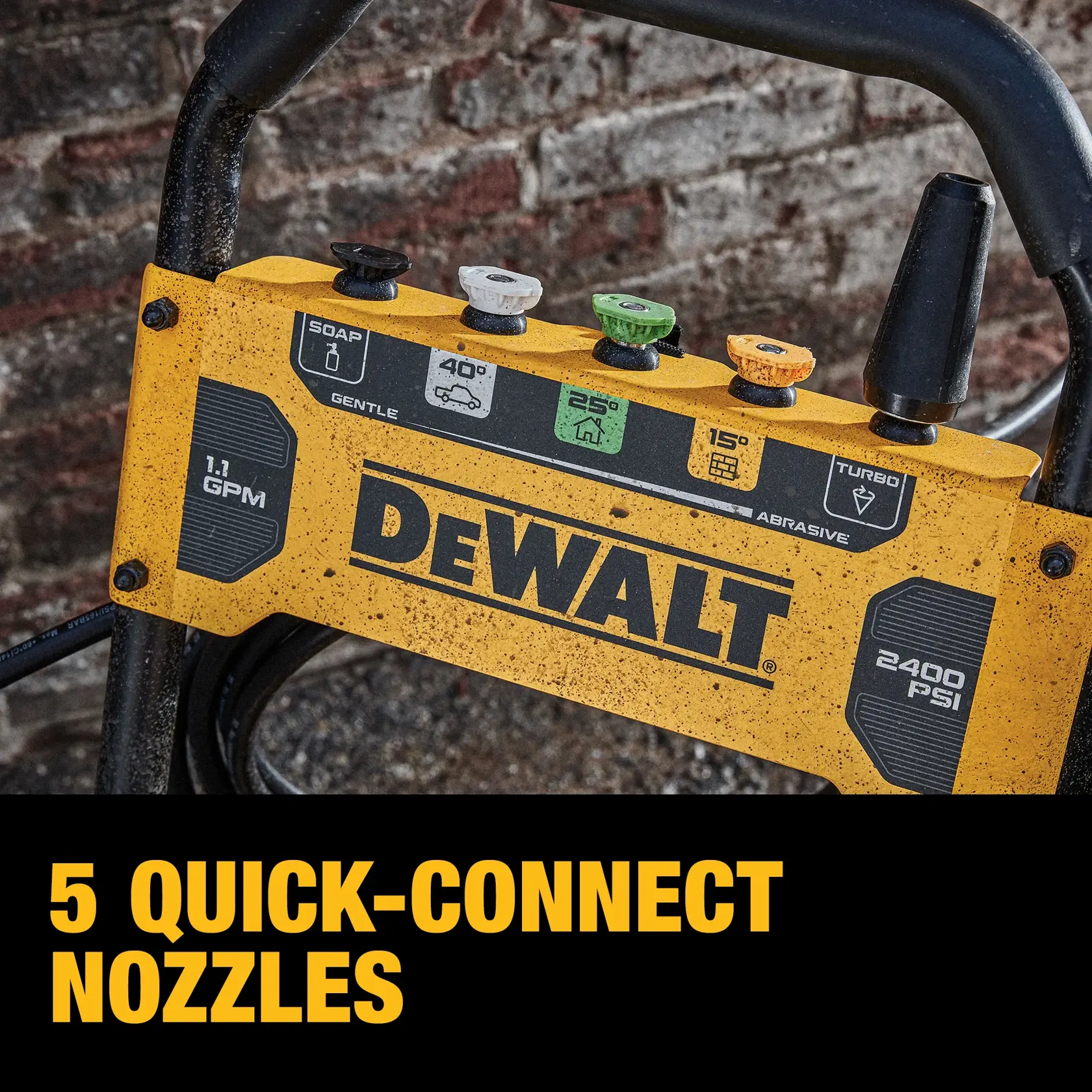 Close-up of a DEWALT pressure washer showing five quick-connect nozzles on a yellow control panel. The panel displays nozzle types for soap, 40°, 25°, 15°, and turbo, along with labeling for 1.1 GPM and 2400 PSI. The text below reads '5 quick-connect nozzles.'