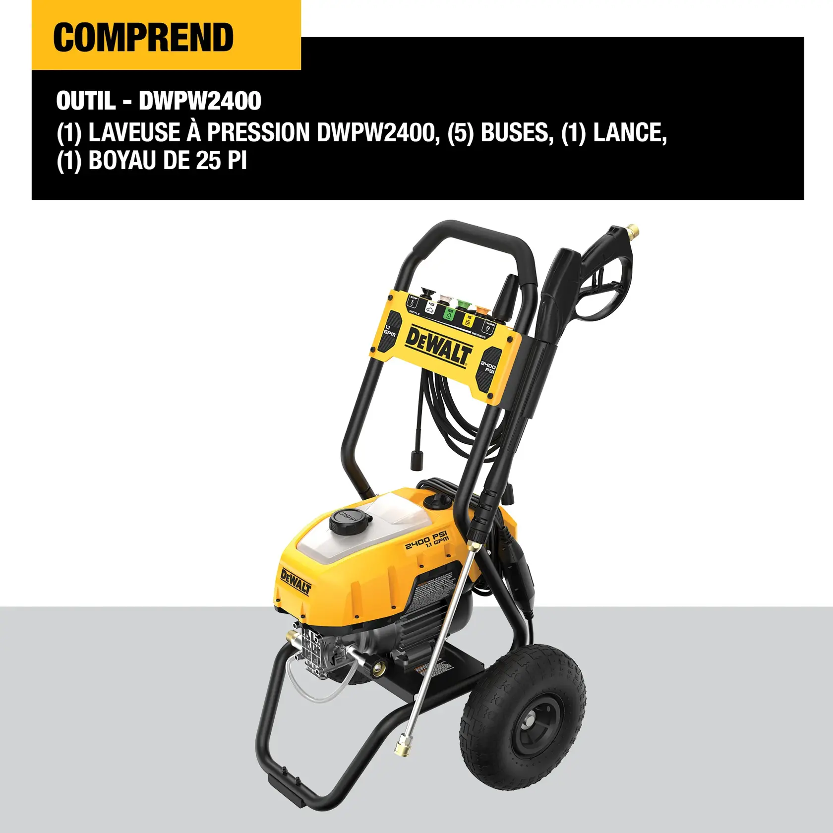 A DEWALT DWPW2400 pressure washer is shown with a yellow and black frame, two large wheels, a handle, a wand, five color-coded nozzles, and a 25-foot hose. The image includes a list of included items: pressure washer, five nozzles, one wand, and one 25 ft. hose.
