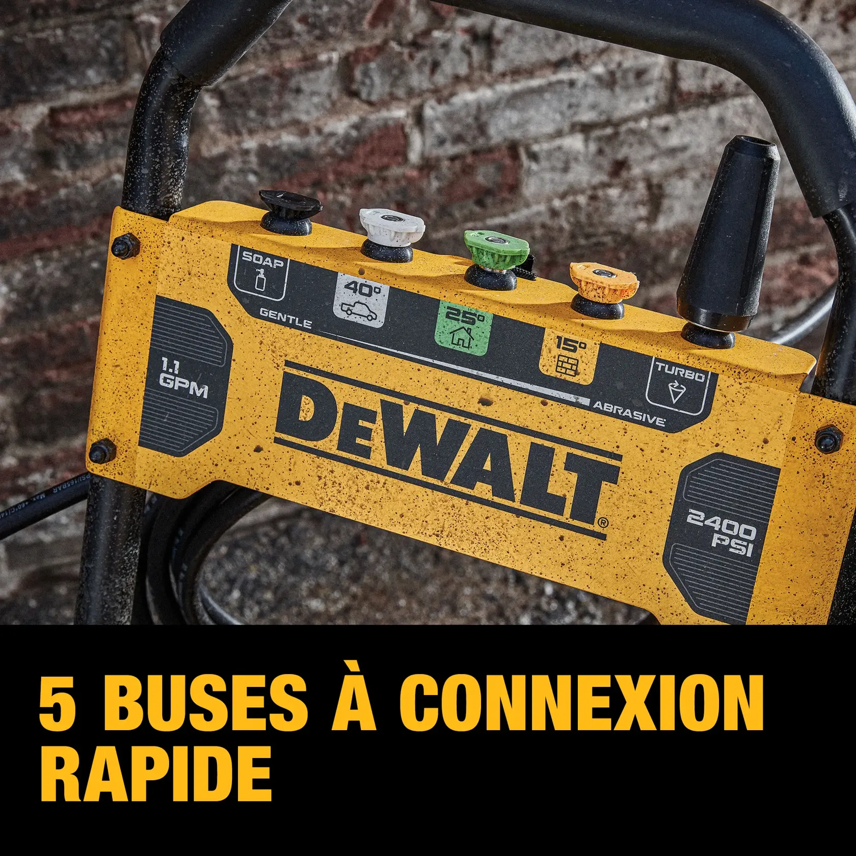 Close-up of a DEWALT pressure washer showing five quick-connect nozzles on a yellow control panel. The panel displays nozzle types for soap, 40°, 25°, 15°, and turbo, along with labeling for 1.1 GPM and 2400 PSI. The text below reads '5 quick-connect nozzles.'