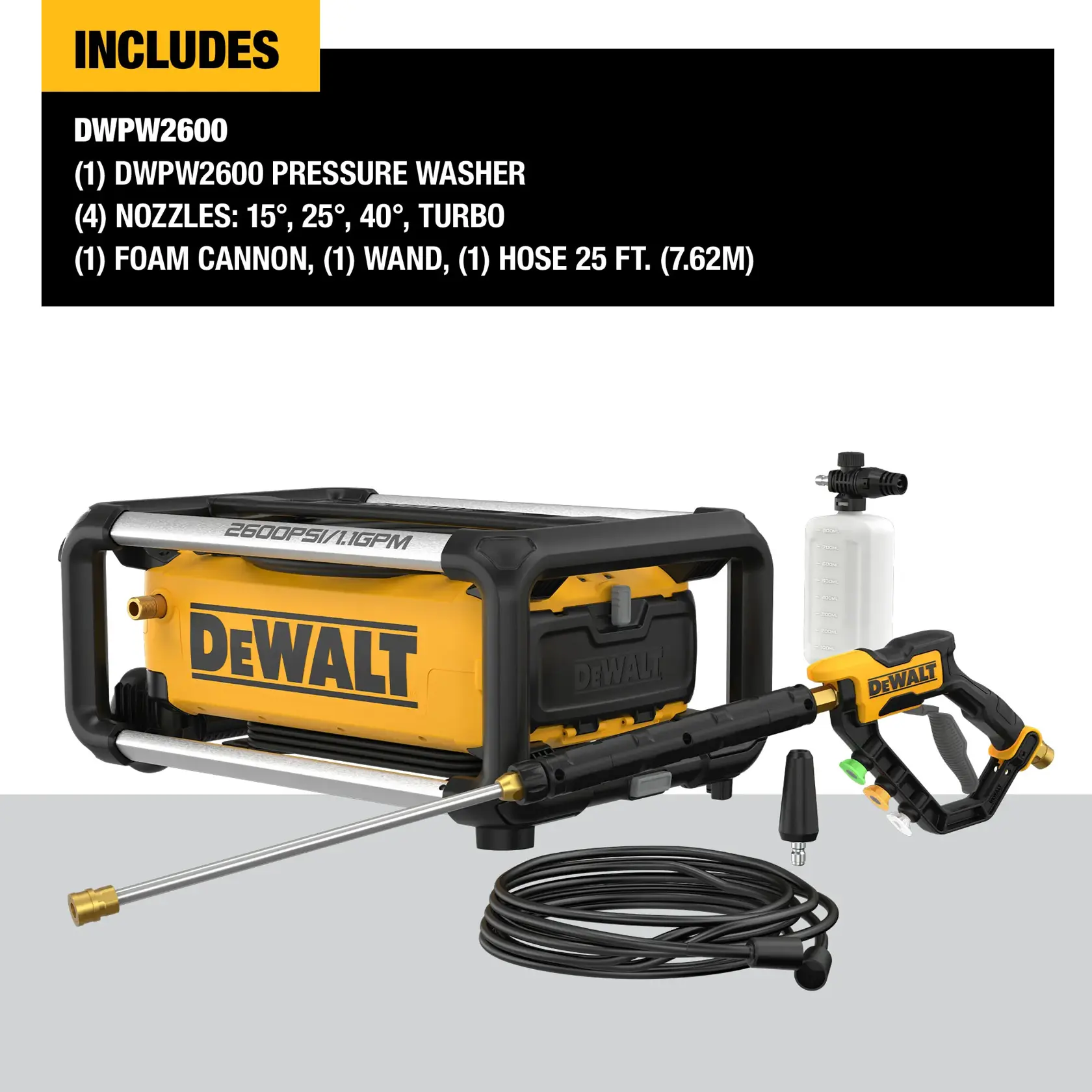 Image showing the DEWALT DWPW2600 pressure washer and included accessories: pressure washer unit, four nozzles (15°, 25°, 40°, turbo), foam cannon, spray wand, and a 25-foot (7.62 meter) hose. The product is labeled with key specifications and highlighted features.