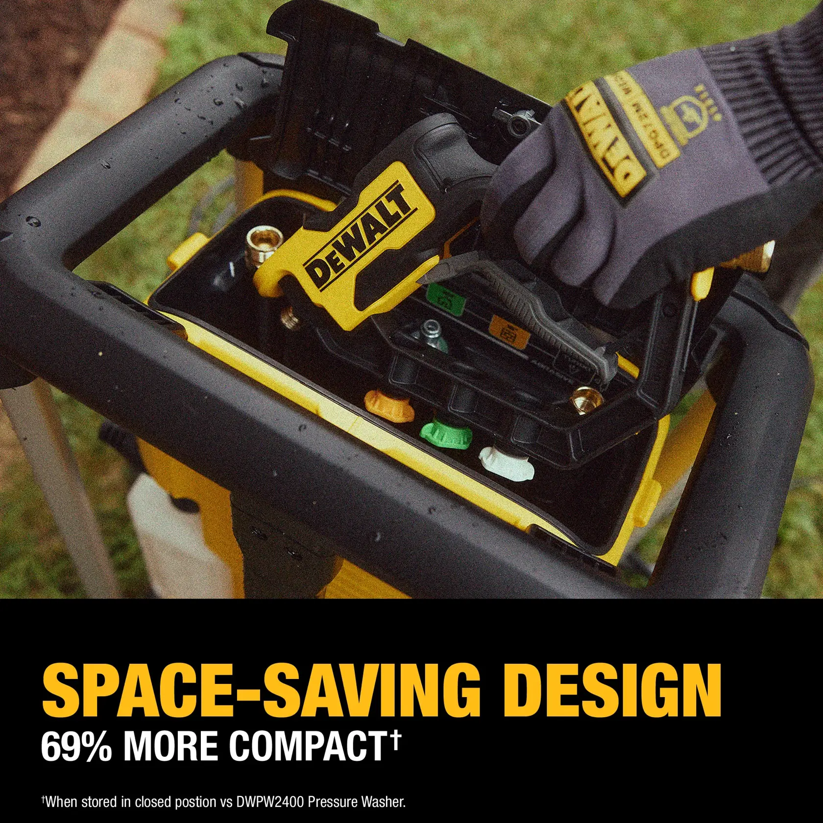 A close-up of a DEWALT pressure washer being stored compactly with a gloved hand placing the spray gun inside the unit. Text on the image highlights the space-saving design, stating it is 69% more compact compared to the DWPW2400 model.