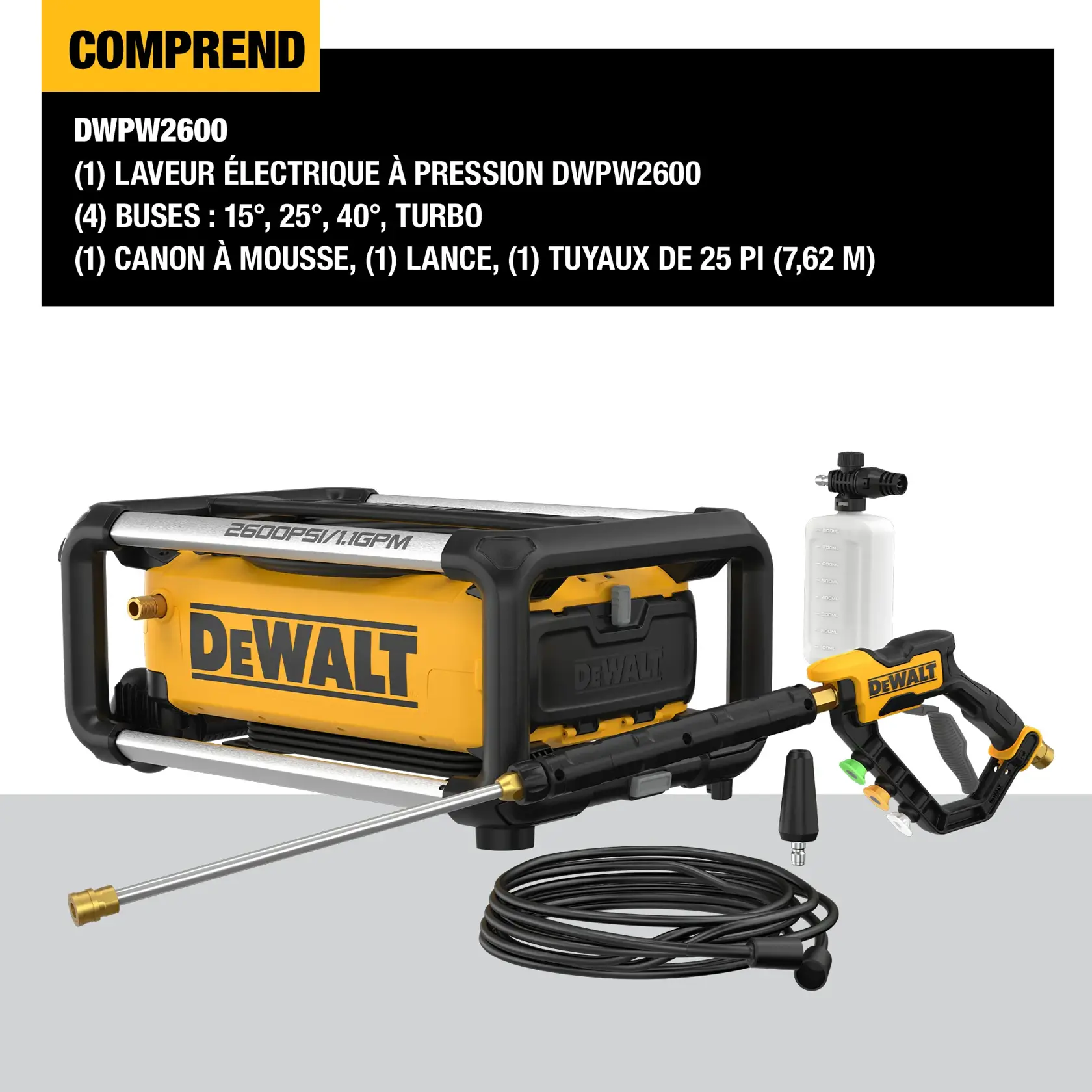 Image showing the DEWALT DWPW2600 pressure washer and included accessories: pressure washer unit, four nozzles (15°, 25°, 40°, turbo), foam cannon, spray wand, and a 25-foot (7.62 meter) hose. The product is labeled with key specifications and highlighted features.