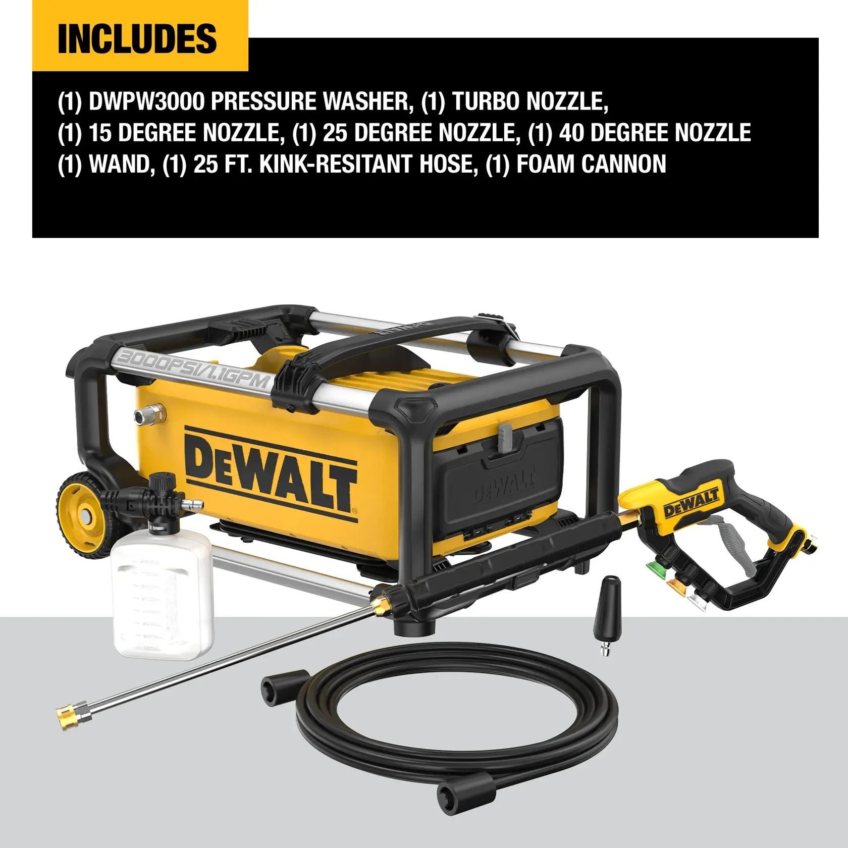 Image showing a DEWALT DWPW3000 pressure washer and included accessories. The yellow and black pressure washer is displayed with a turbo nozzle, 15 degree nozzle, 25 degree nozzle, 40 degree nozzle, spray wand, 25-foot kink-resistant hose, and a foam cannon bottle. There is a list of these included items shown above the pressure washer.