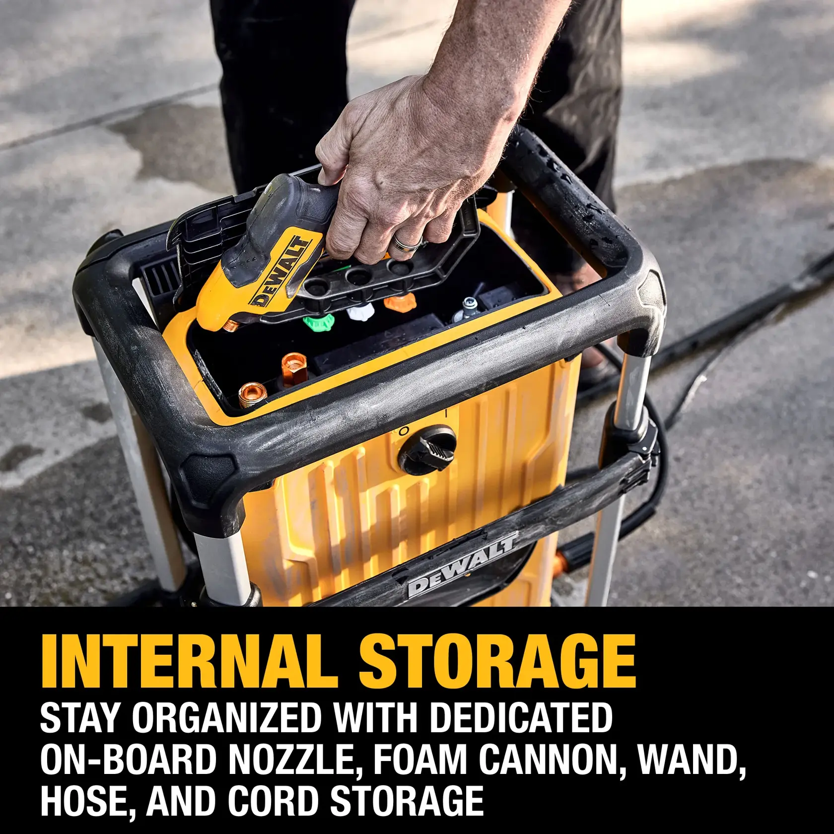 A DEWALT pressure washer is shown with internal storage for accessories, including nozzle, foam cannon, wand, hose, and cord. A person is placing a nozzle into the storage compartment. Large text on the image reads 'Internal Storage' and describes dedicated on-board storage for various components.