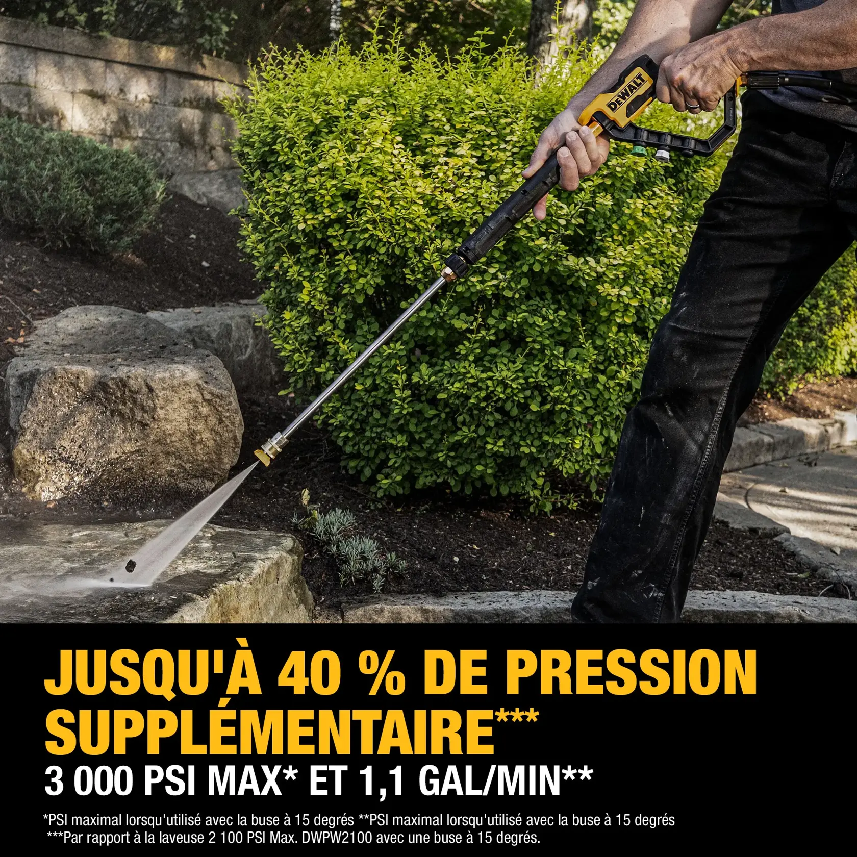 A person uses a DEWALT pressure washer with a long nozzle to clean outdoor stone surfaces near bushes. The text highlights up to 40% more pressure, 3000 maximum PSI, and 1.1 GPM.