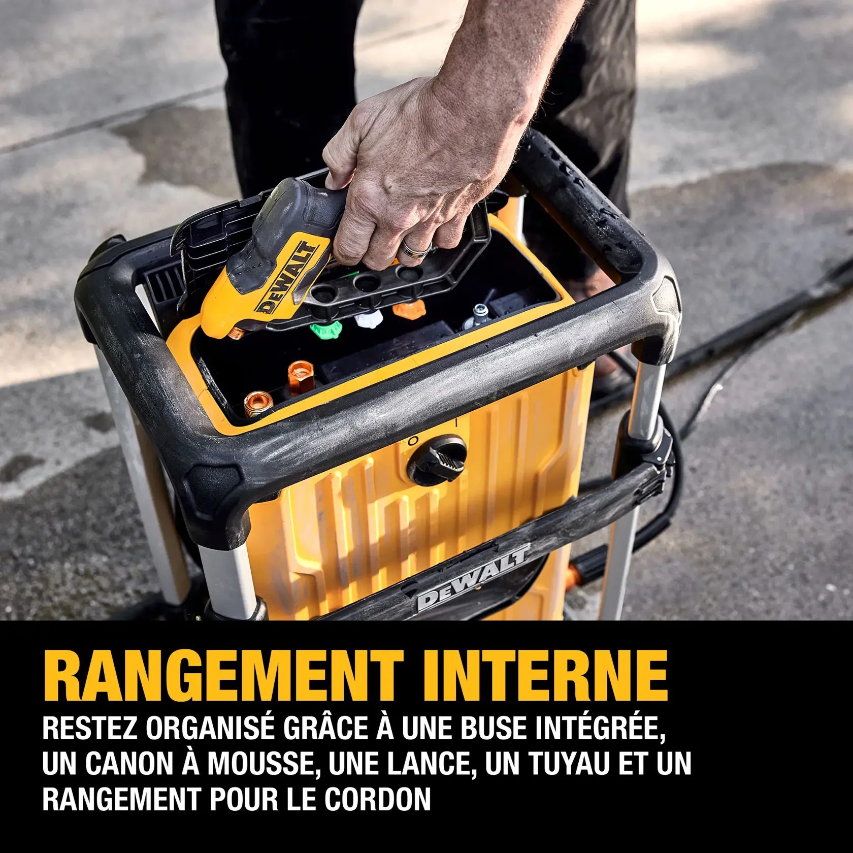 A DEWALT pressure washer is shown with internal storage for accessories, including nozzle, foam cannon, wand, hose, and cord. A person is placing a nozzle into the storage compartment. Large text on the image reads 'Internal Storage' and describes dedicated on-board storage for various components.