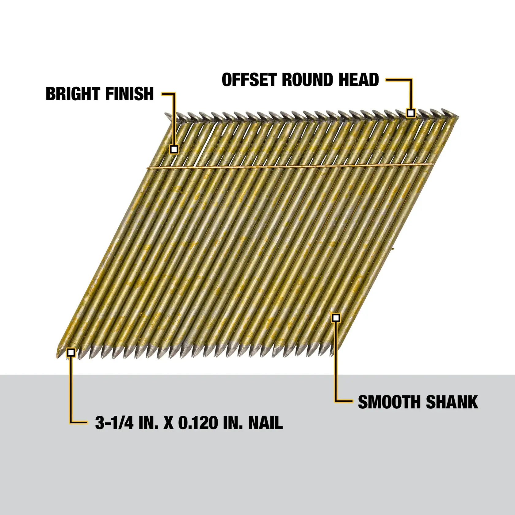 A graphic showing a strip of nails with highlighted features: bright finish, offset round head, smooth shank, and labeled as 3-1/4 inch by 0.120 inch nails.