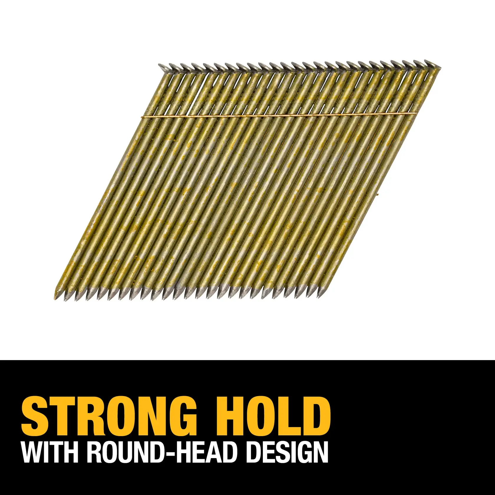 A bundle of round-head framing nails arranged in a strip, with the text 'STRONG HOLD WITH ROUND-HEAD DESIGN' displayed below.