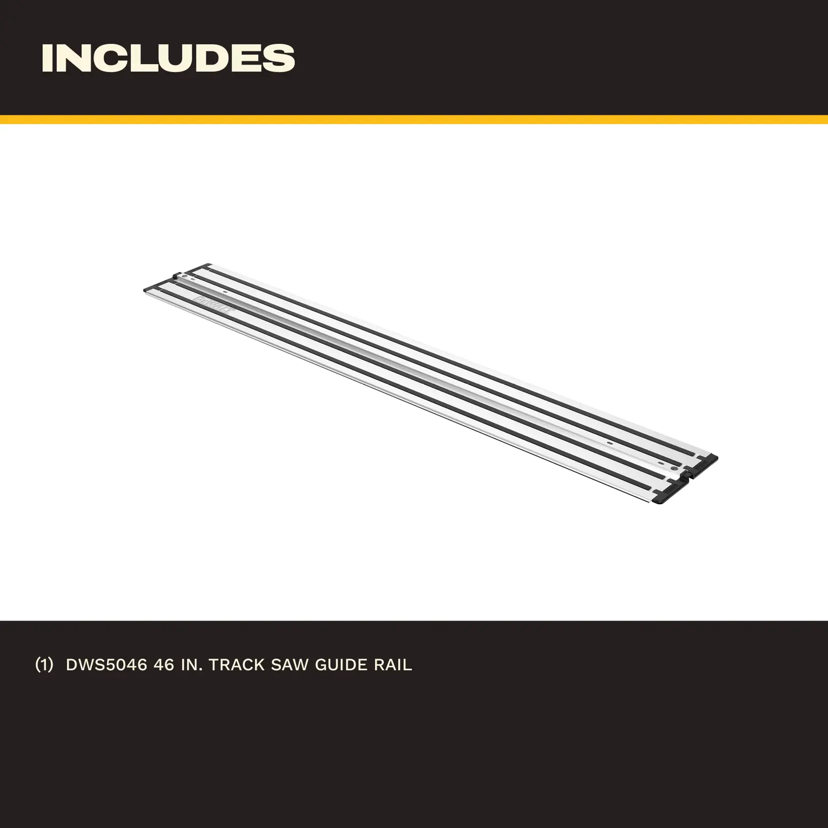 Rectangular DEWALT guide rail for saws, silver with black strips, seen against a white background.