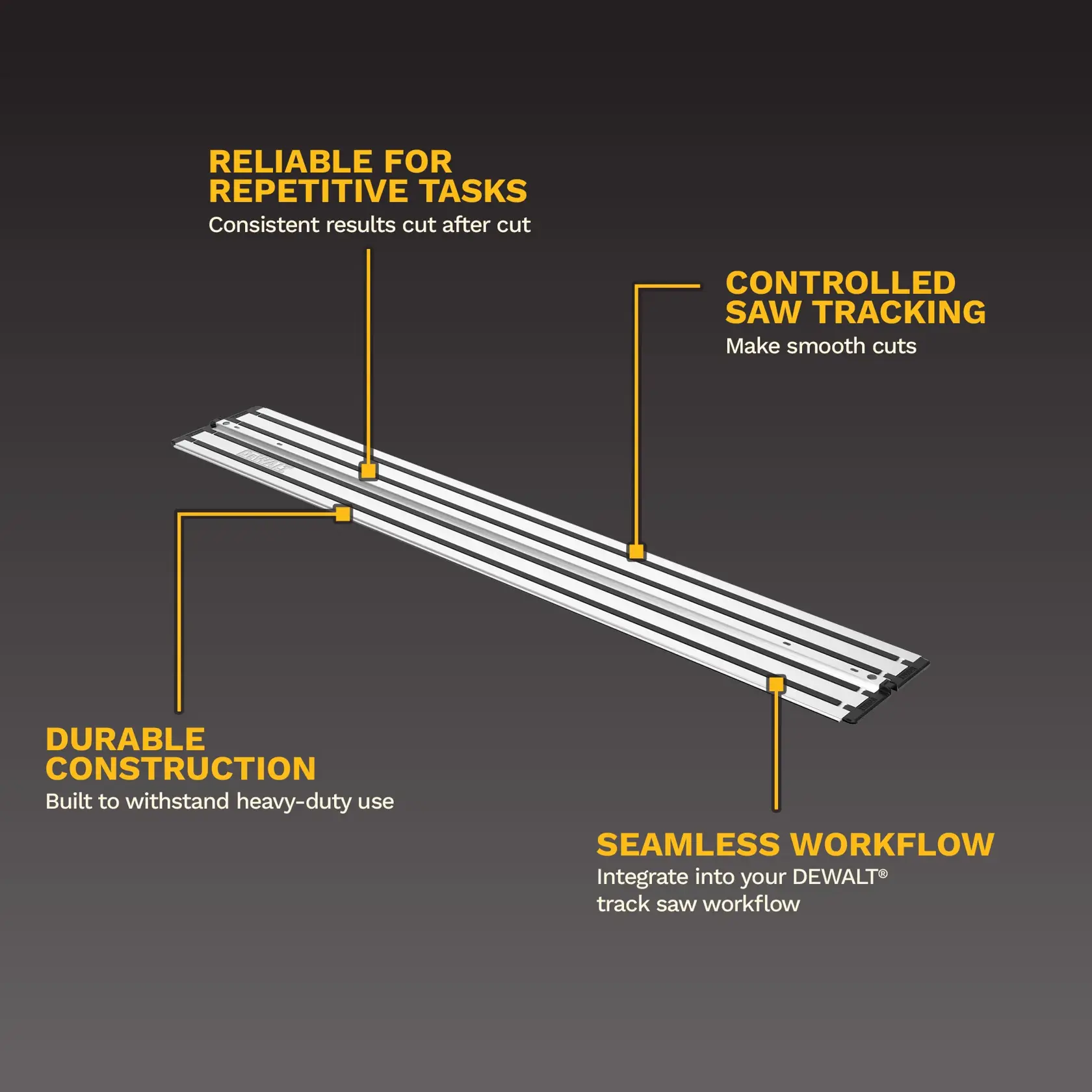 Rail de guidage rectangulaire DEWALT pour scies, argenté avec bandes noires, sur fond blanc.