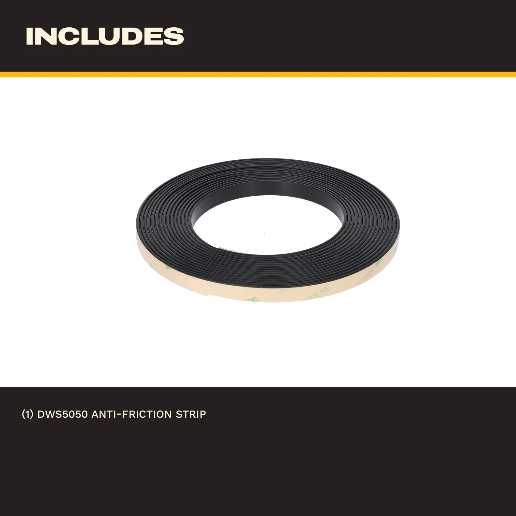 DEWALT DWS5050 black replacement track saw zero-clearance strip, top view on white background.