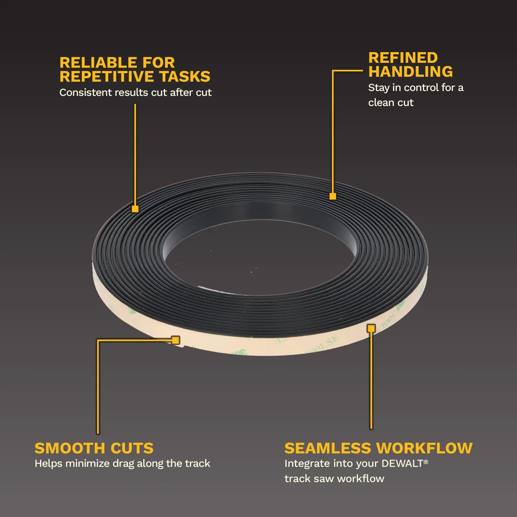 DEWALT DWS5050 black adhesive-backed track saw replacement strip roll, side angle on white background.