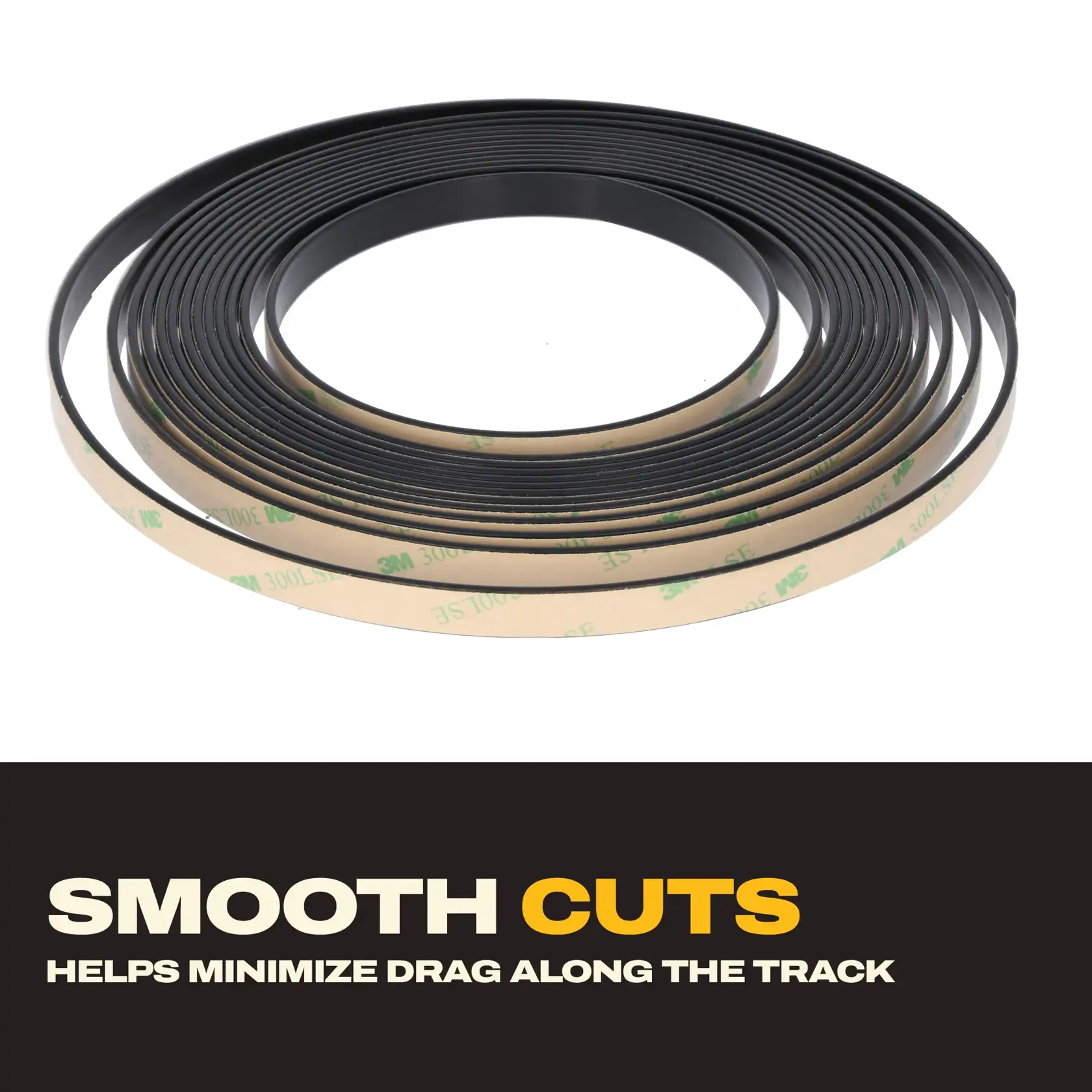 DEWALT DWS5050 flat coiled black track saw replacement strip, adhesive backing, white background, top angle.