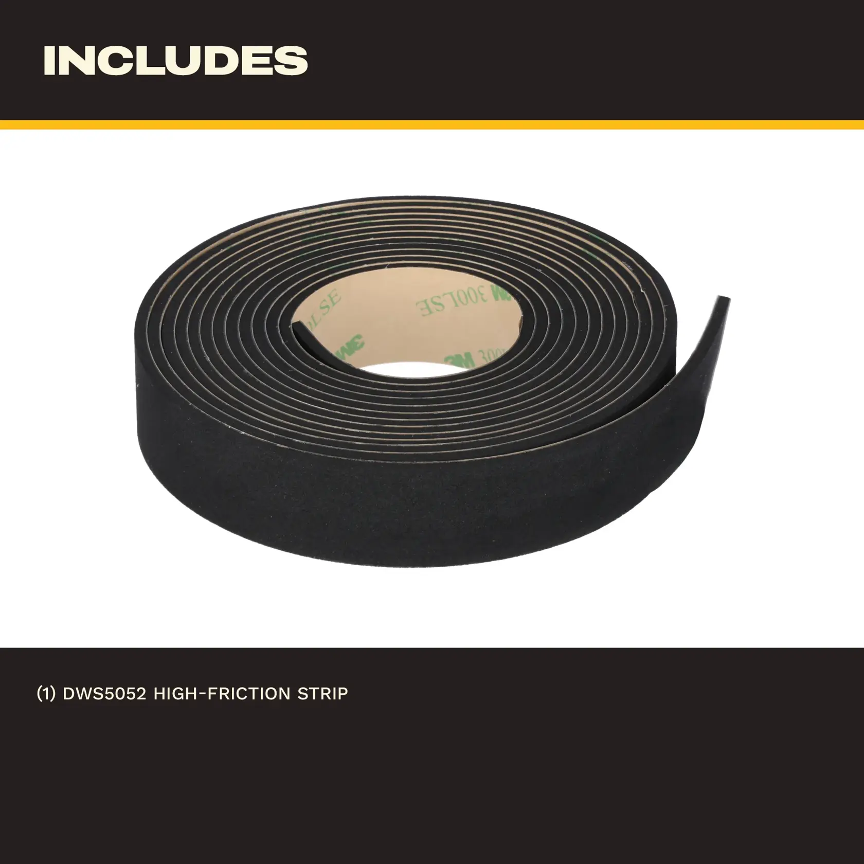 DEWALT DWS5052 black foam tape roll, product photography on white background, top view.