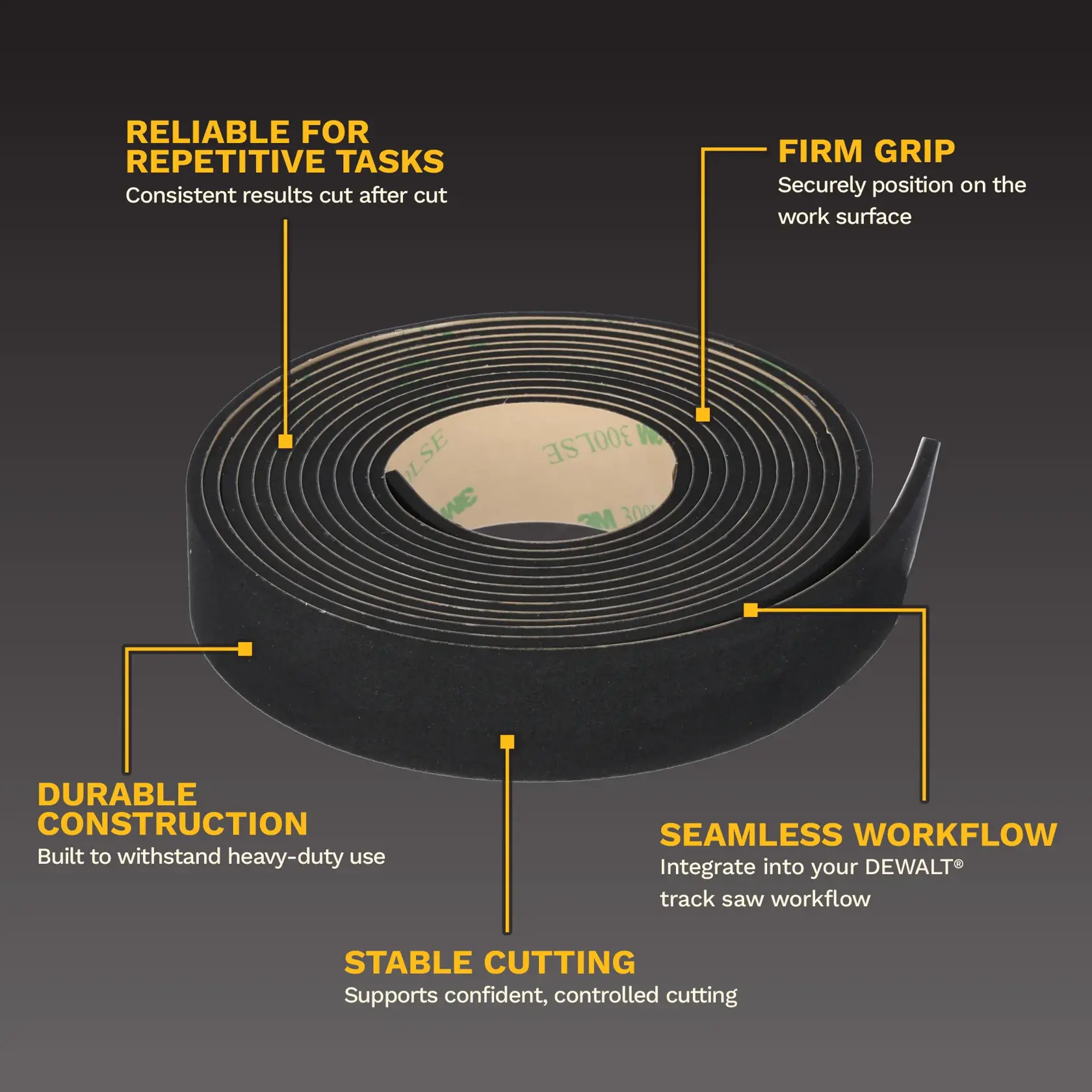 DEWALT DWS5052 black foam tape roll, adhesive backing, product photography on white background.
