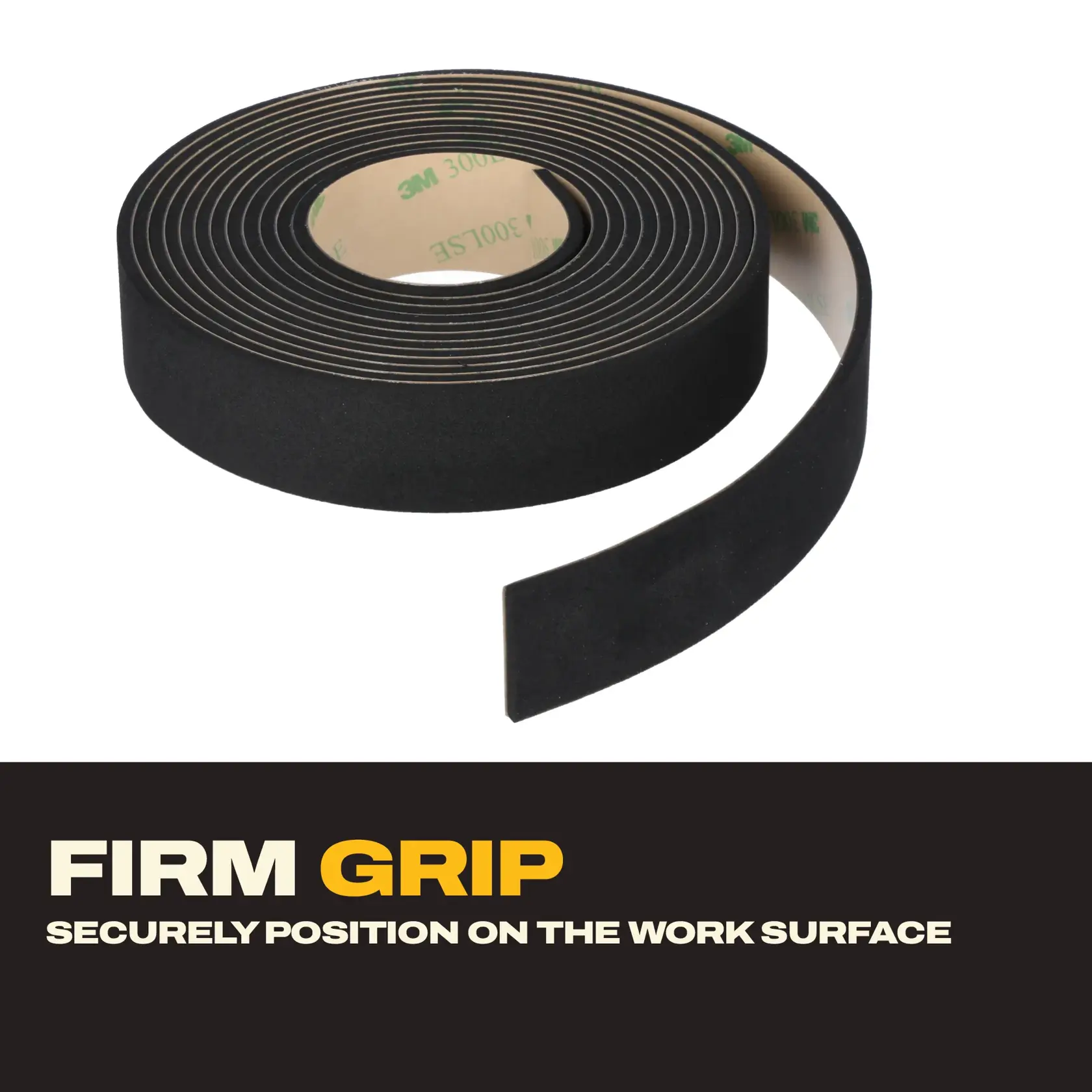 DEWALT DWS5052 black adhesive tape roll, side angle on white background, for tool accessories or sealing.